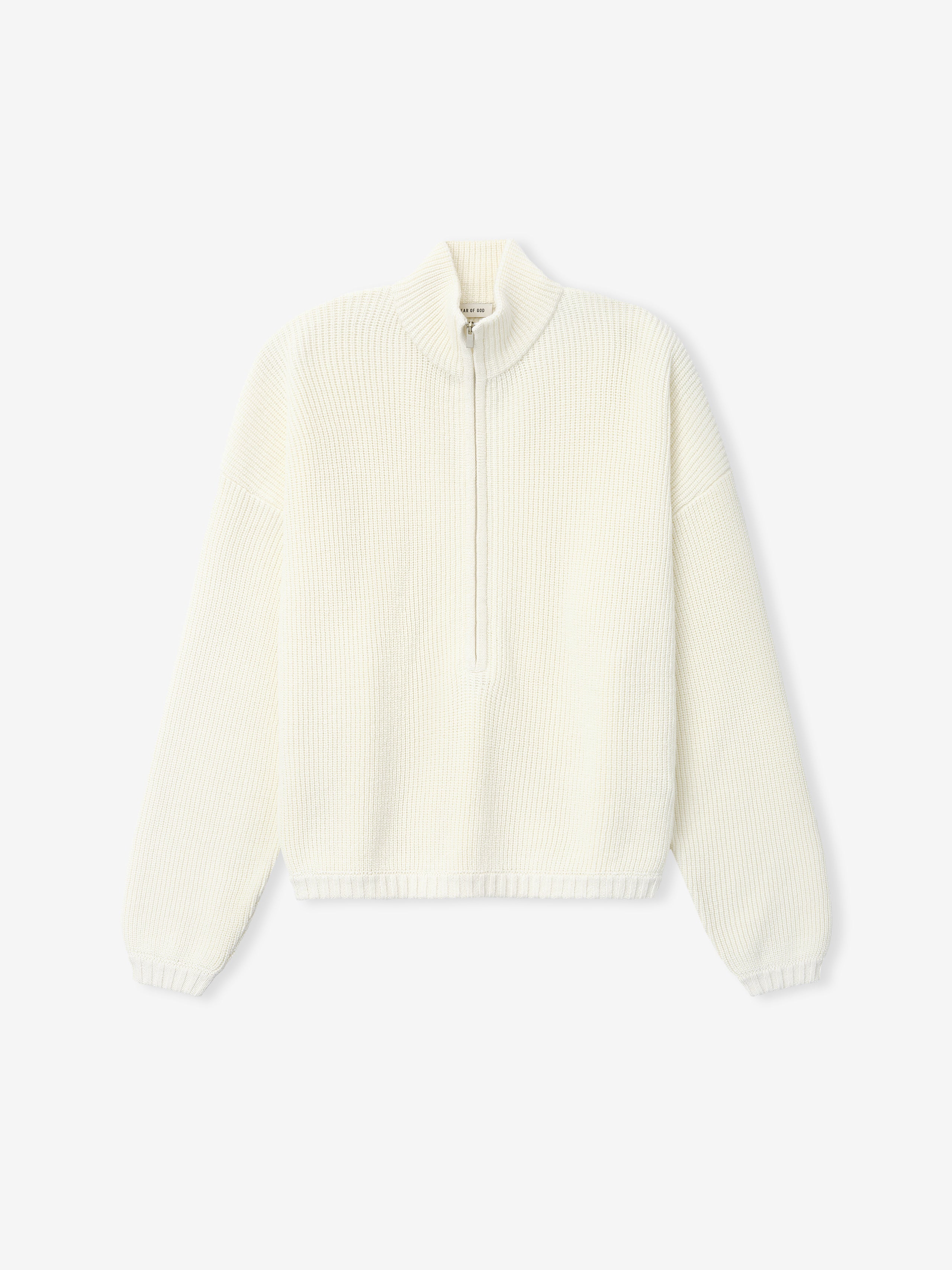 off-white half-zip sweater in double-knit linen-wool-cotton blend with mesh stitch and ribbed cuffs