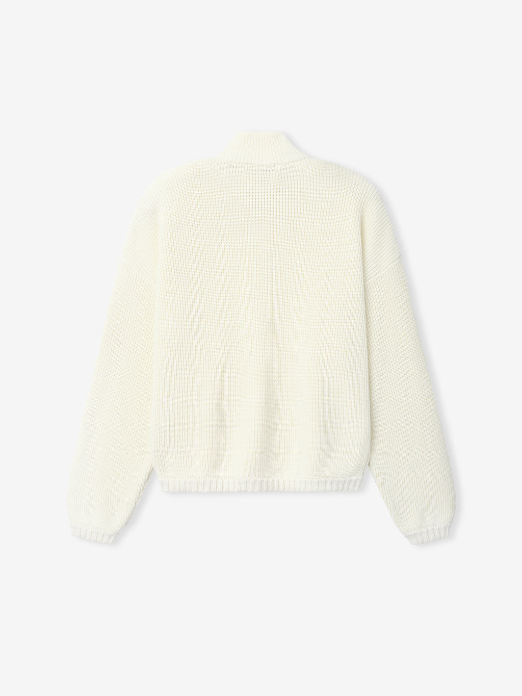 back view of off-white double-knit half-zip sweater in linen-wool-cotton blend with ribbed cuffs and hem