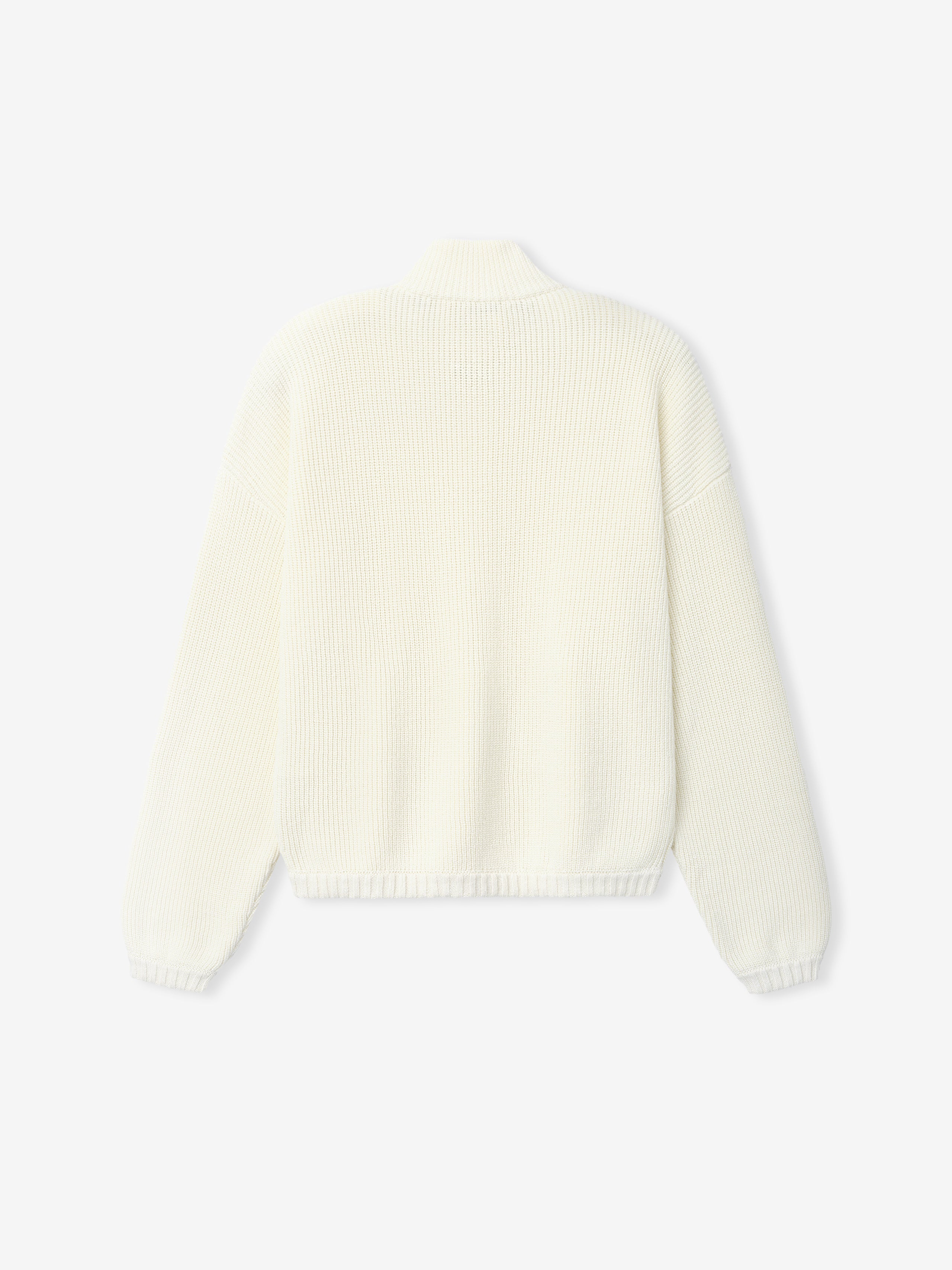 back view of off-white double-knit half-zip sweater in linen-wool-cotton blend with ribbed cuffs and hem