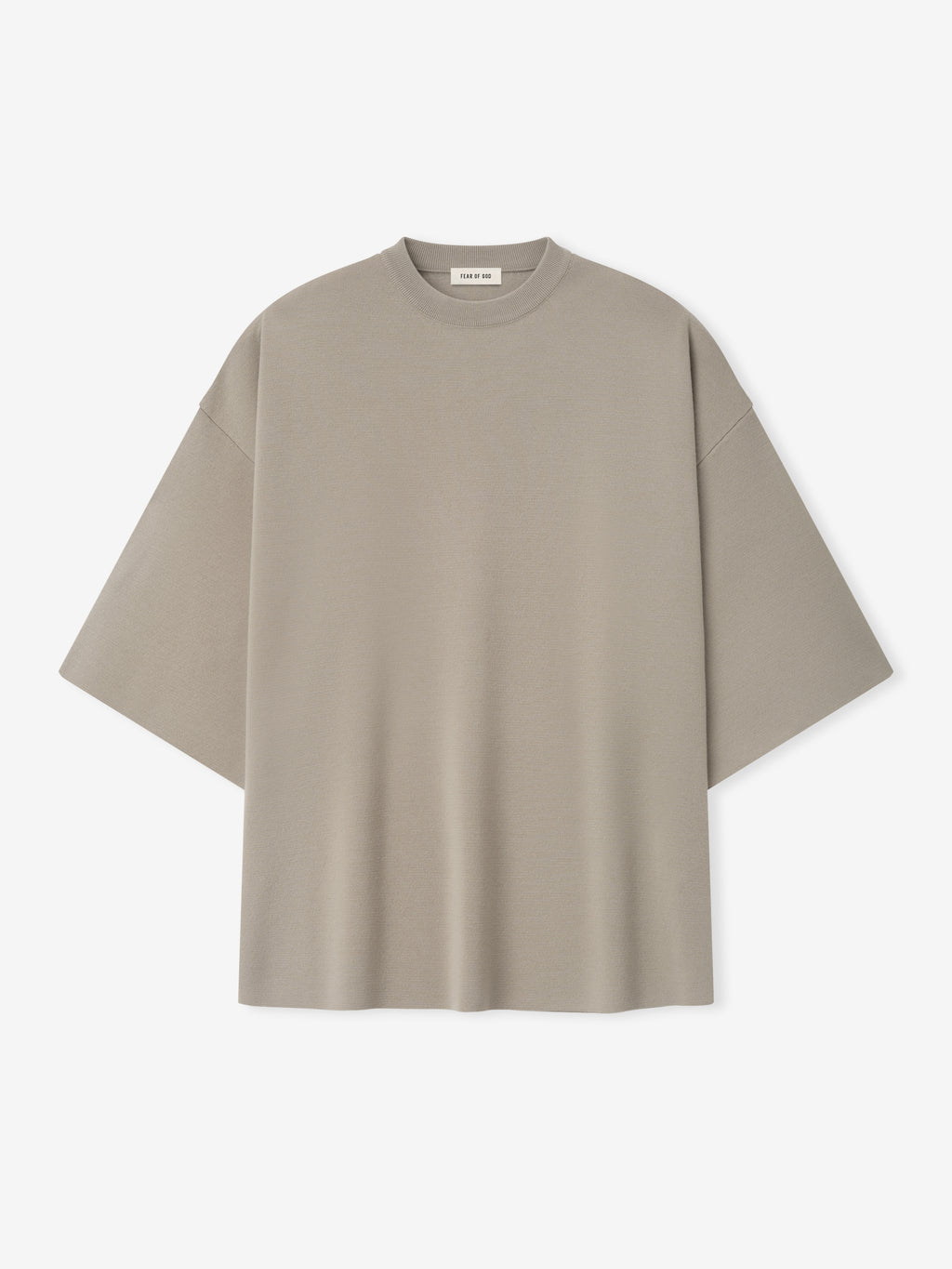 men's light taupe Merino Milano knit tee with dropped shoulders, wide 3/4 sleeves, and relaxed silhouette