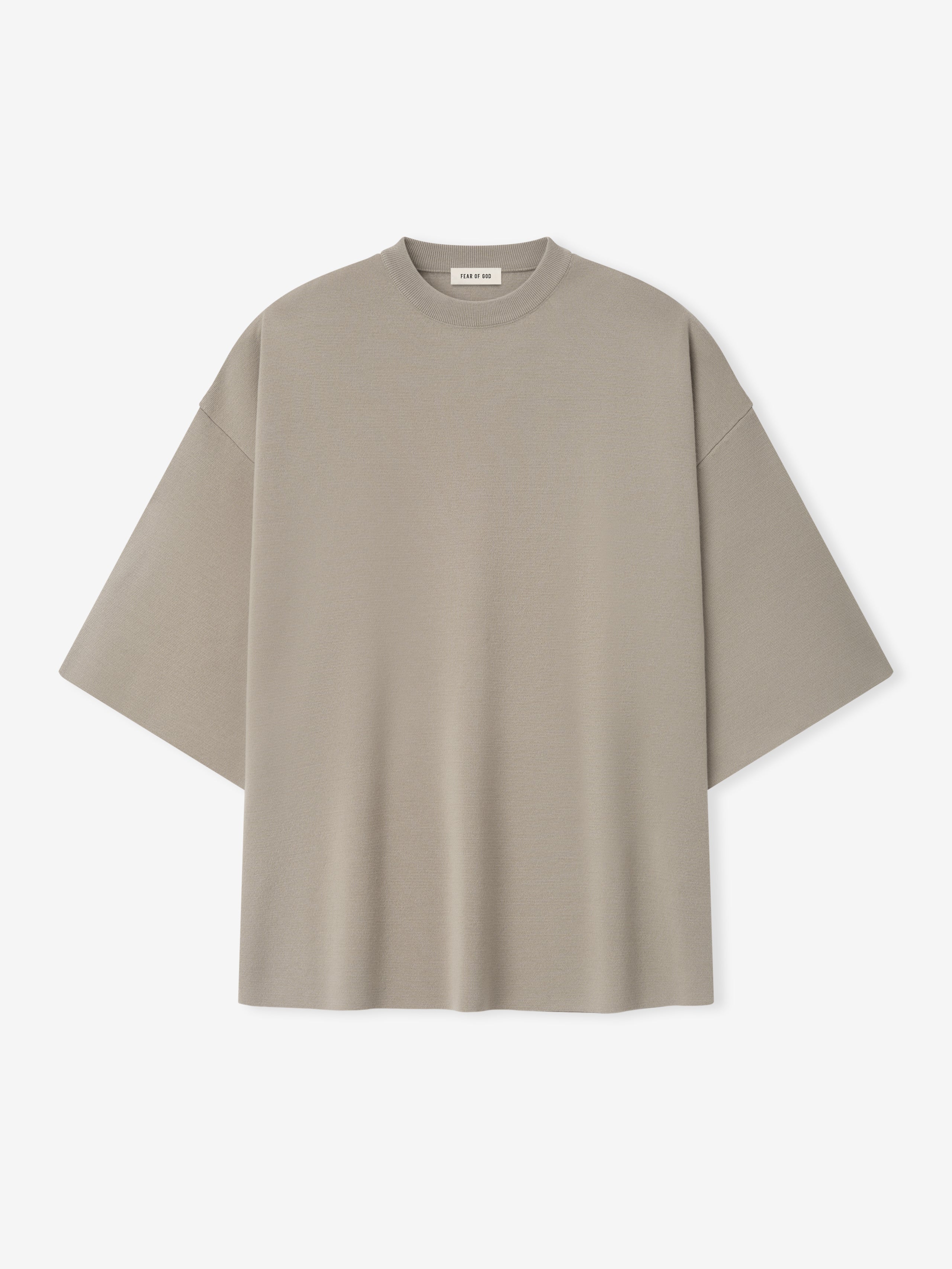 men's light taupe Merino Milano knit tee with dropped shoulders, wide 3/4 sleeves, and relaxed silhouette