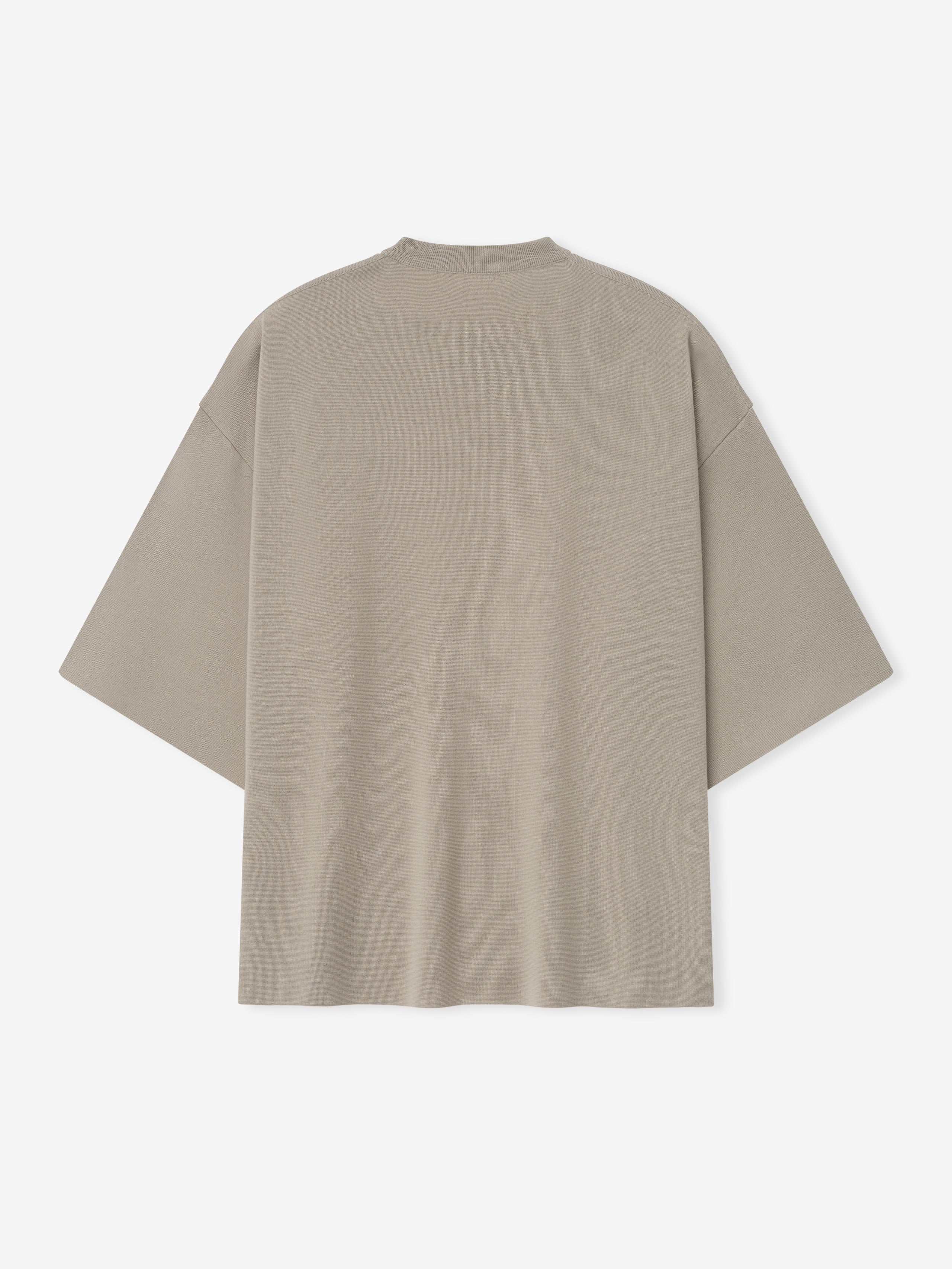 men's oversized light taupe Merino Milano knit tee with dropped shoulders and wide 3/4 length sleeves