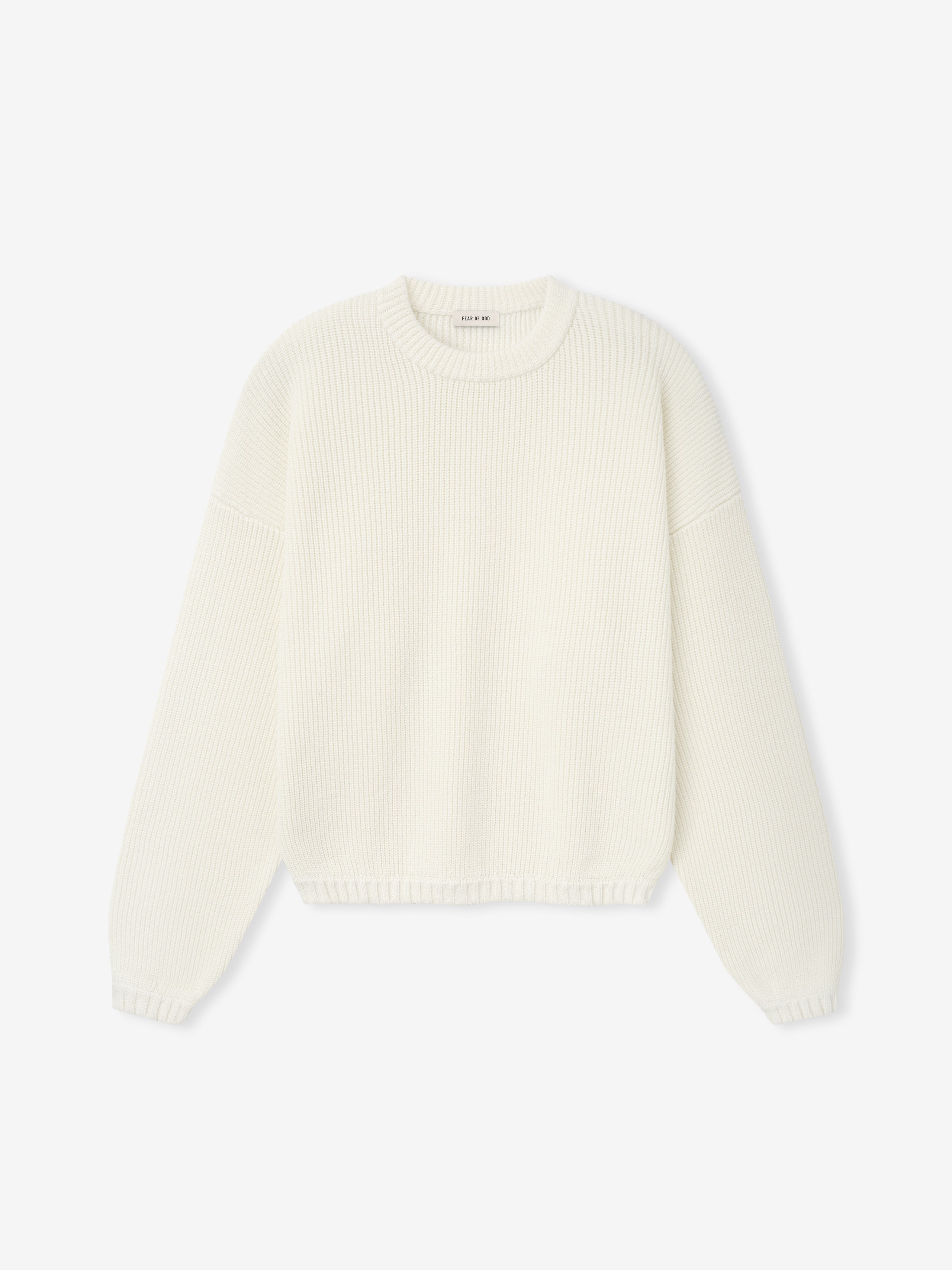 men's off-white double-knit linen wool cotton crewneck sweater with relaxed fit and mesh stitch pattern