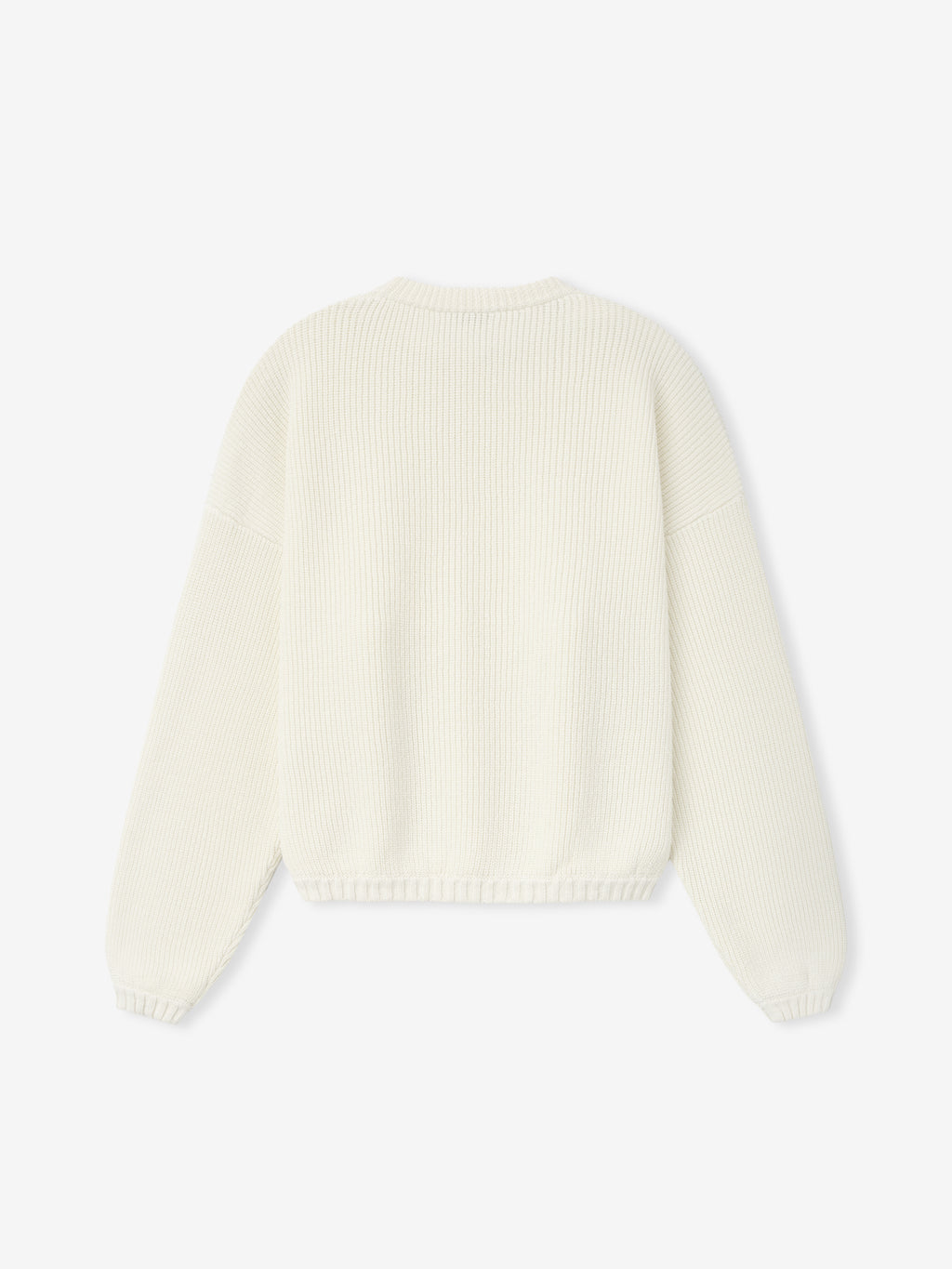 back view of men's off-white double knit linen wool cotton crewneck sweater with relaxed fit and ribbed hem and cuffs