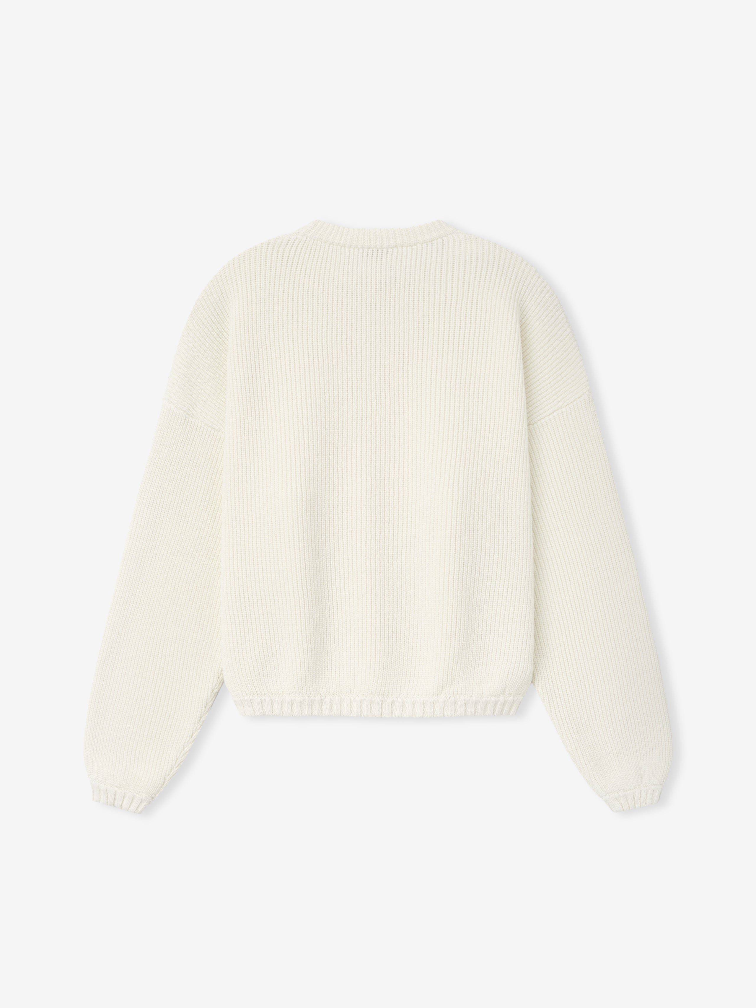 back view of men's off-white double knit linen wool cotton crewneck sweater with relaxed fit and ribbed hem and cuffs