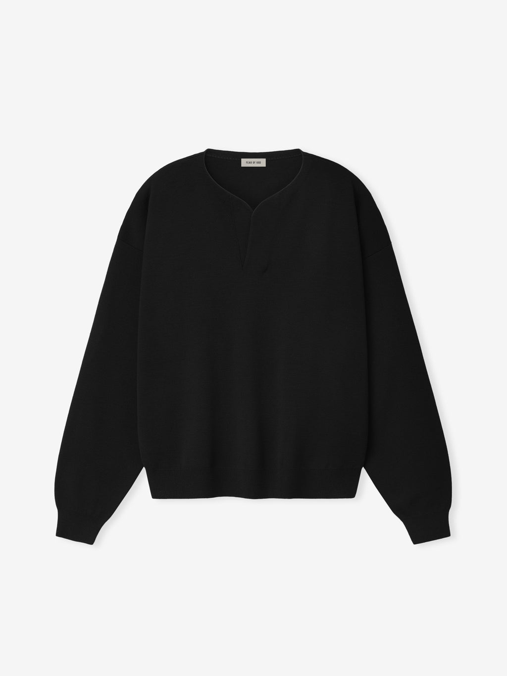 black merino Milano knit Henley sweater with relaxed fit, long sleeves, and subtle ribbed hem and cuffs