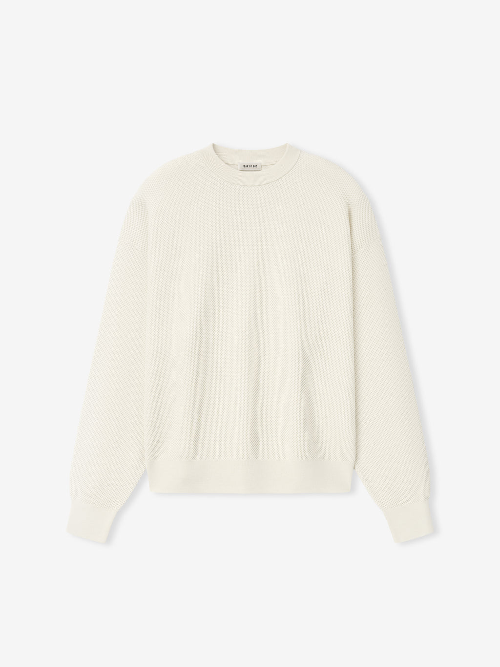 front view of off-white double-knit sport mesh wool-cotton crewneck sweater with long sleeves and relaxed fit
