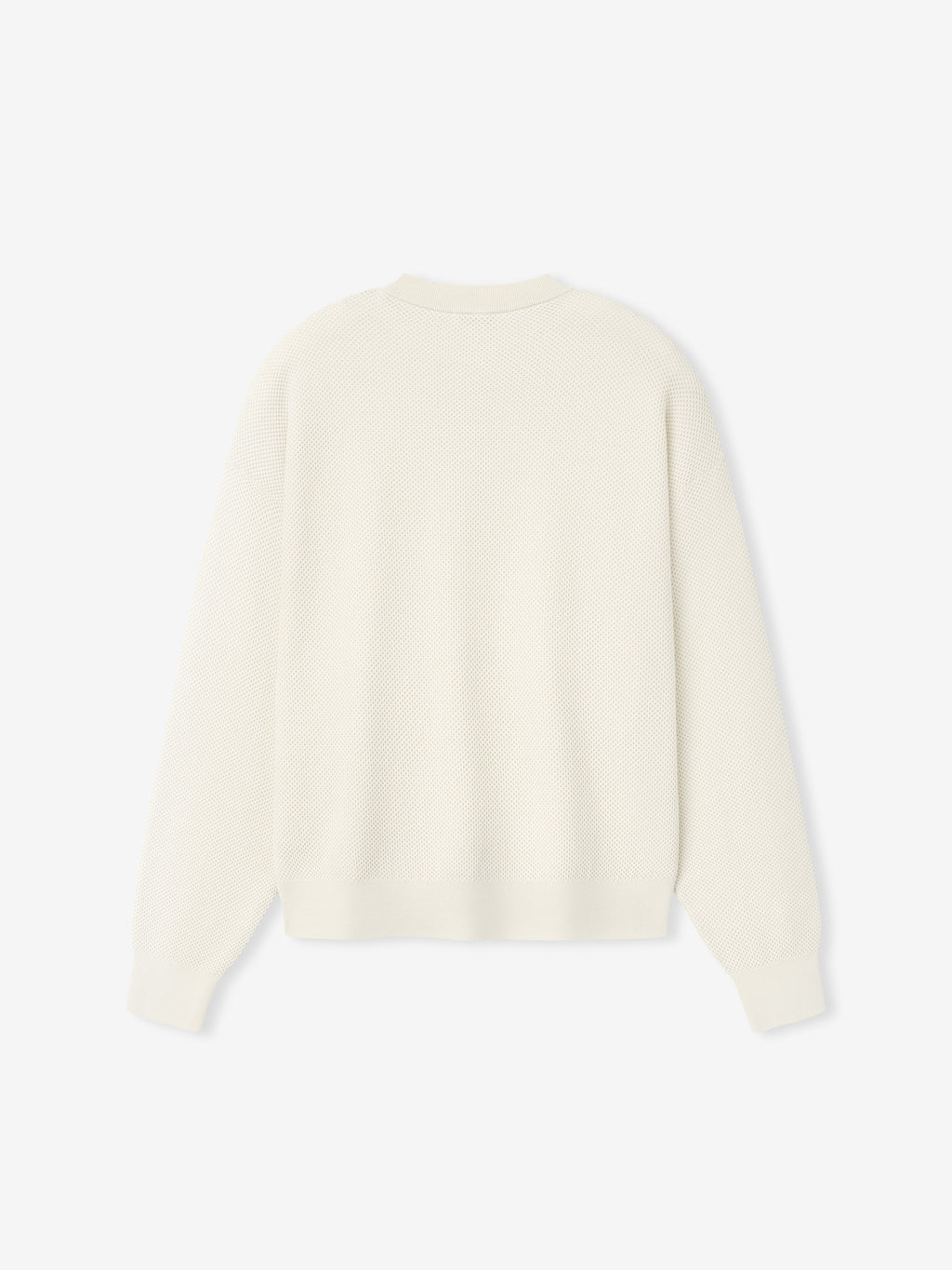 back view of off-white double-knit sport mesh wool-cotton crewneck sweater with long sleeves and relaxed silhouette