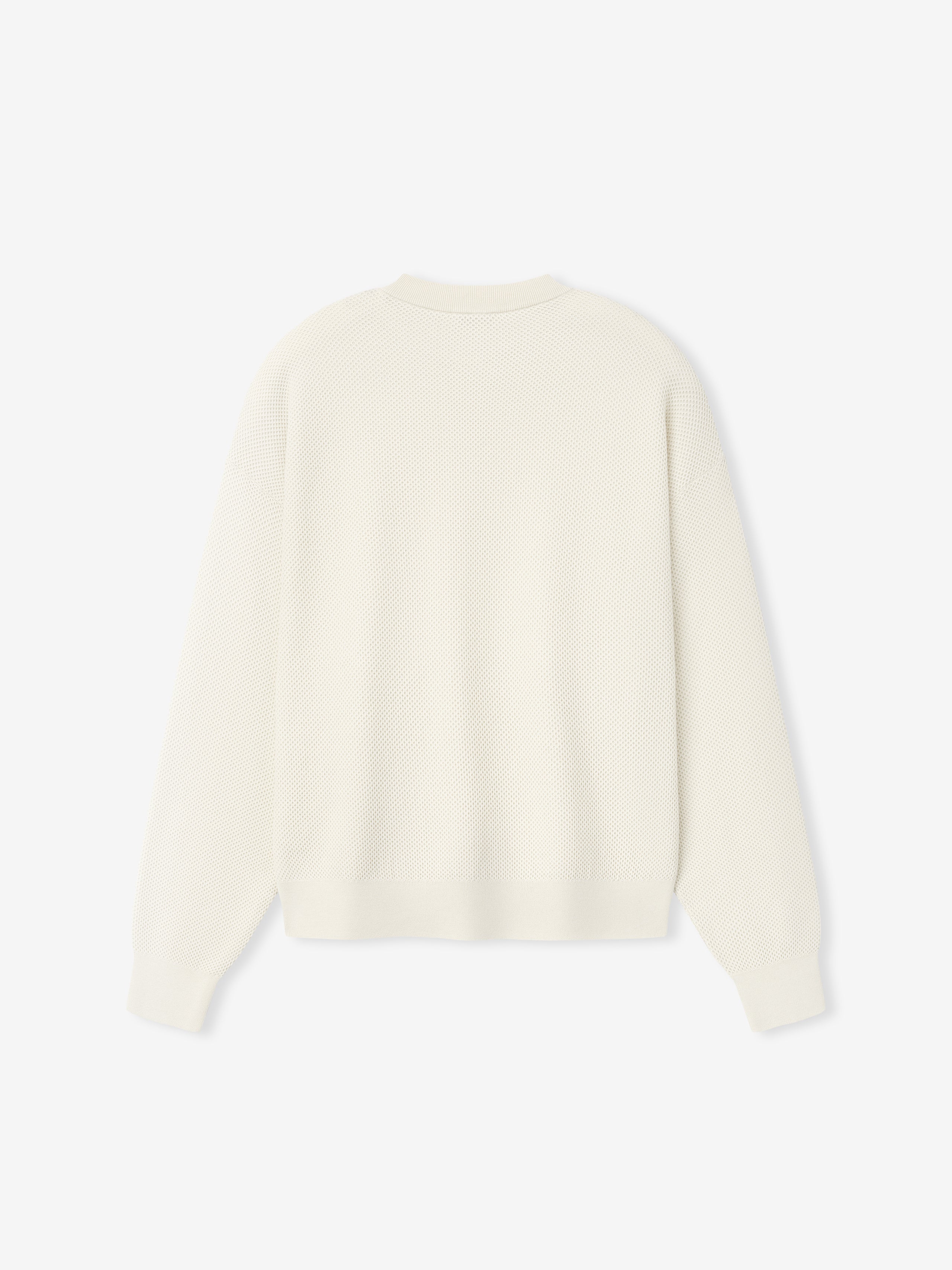 back view of off-white double-knit sport mesh wool-cotton crewneck sweater with long sleeves and relaxed silhouette