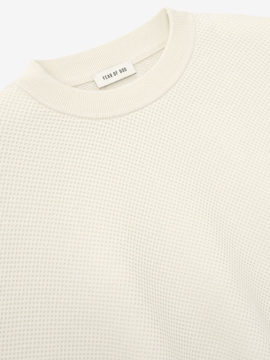 close-up of off-white double-knit sport mesh wool-cotton crewneck sweater with ribbed neckline detail