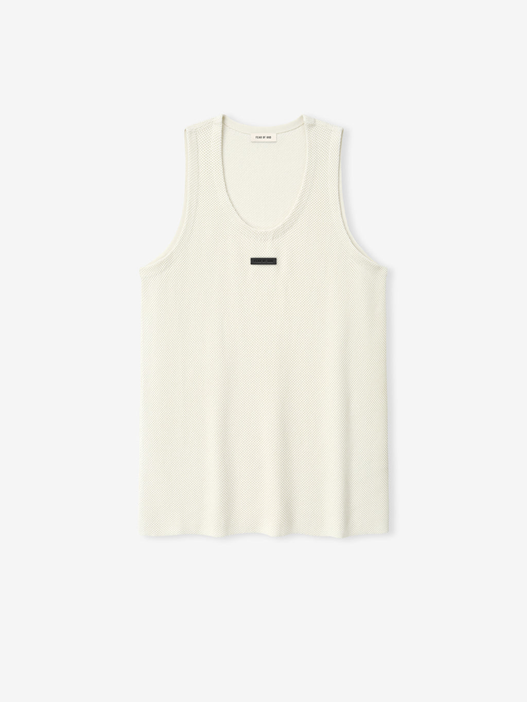Off-white sleeveless tank top with round neckline and small rectangular label on front center on white background