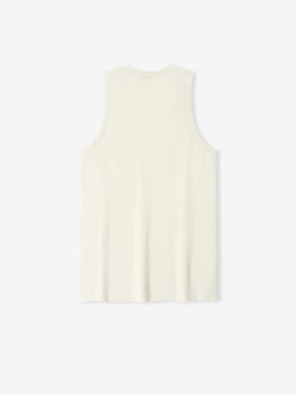 Back view of sleeveless off-white knit tank top with round neckline on a light gray background