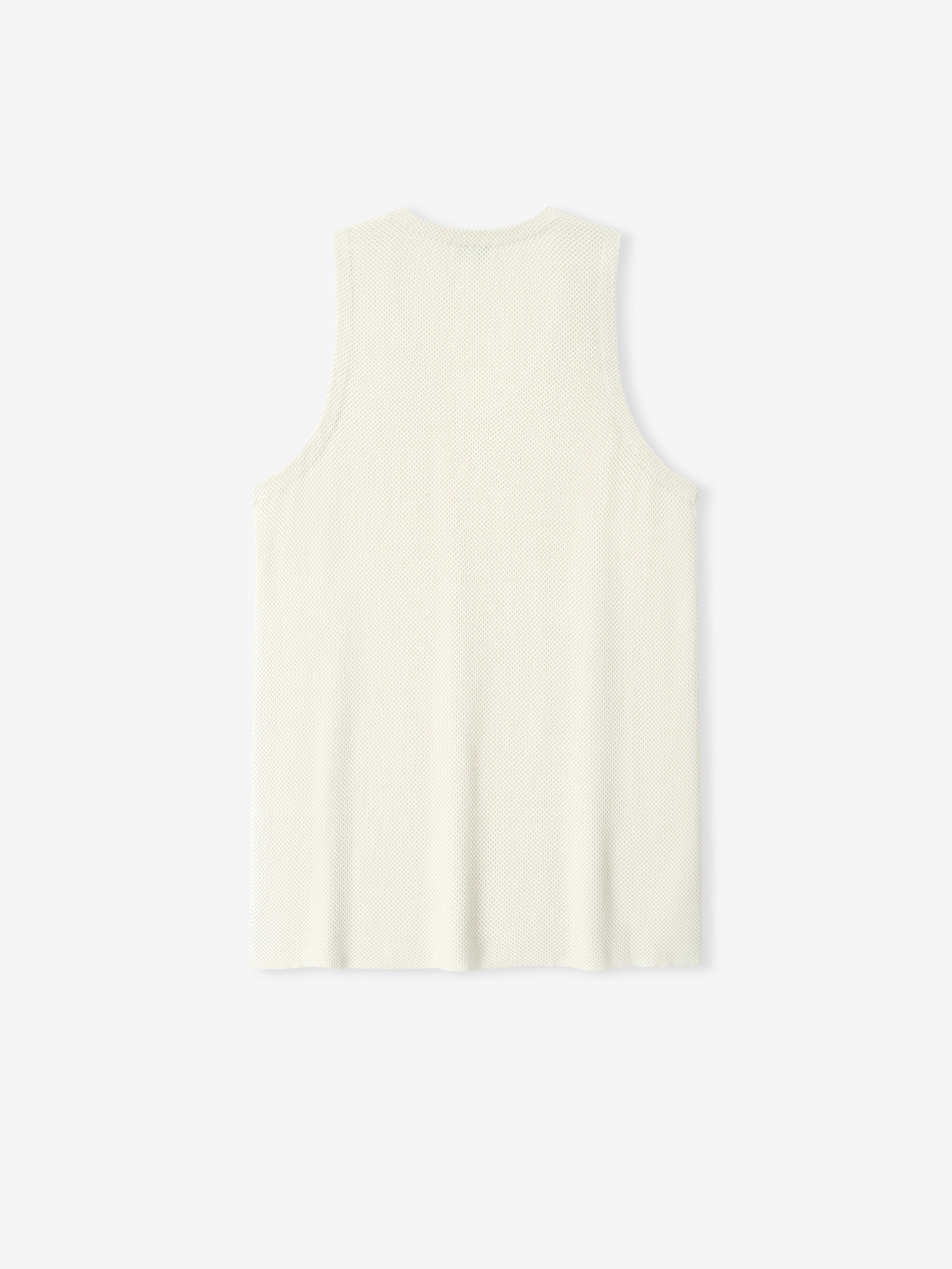 Back view of sleeveless off-white knit tank top with round neckline on a light gray background