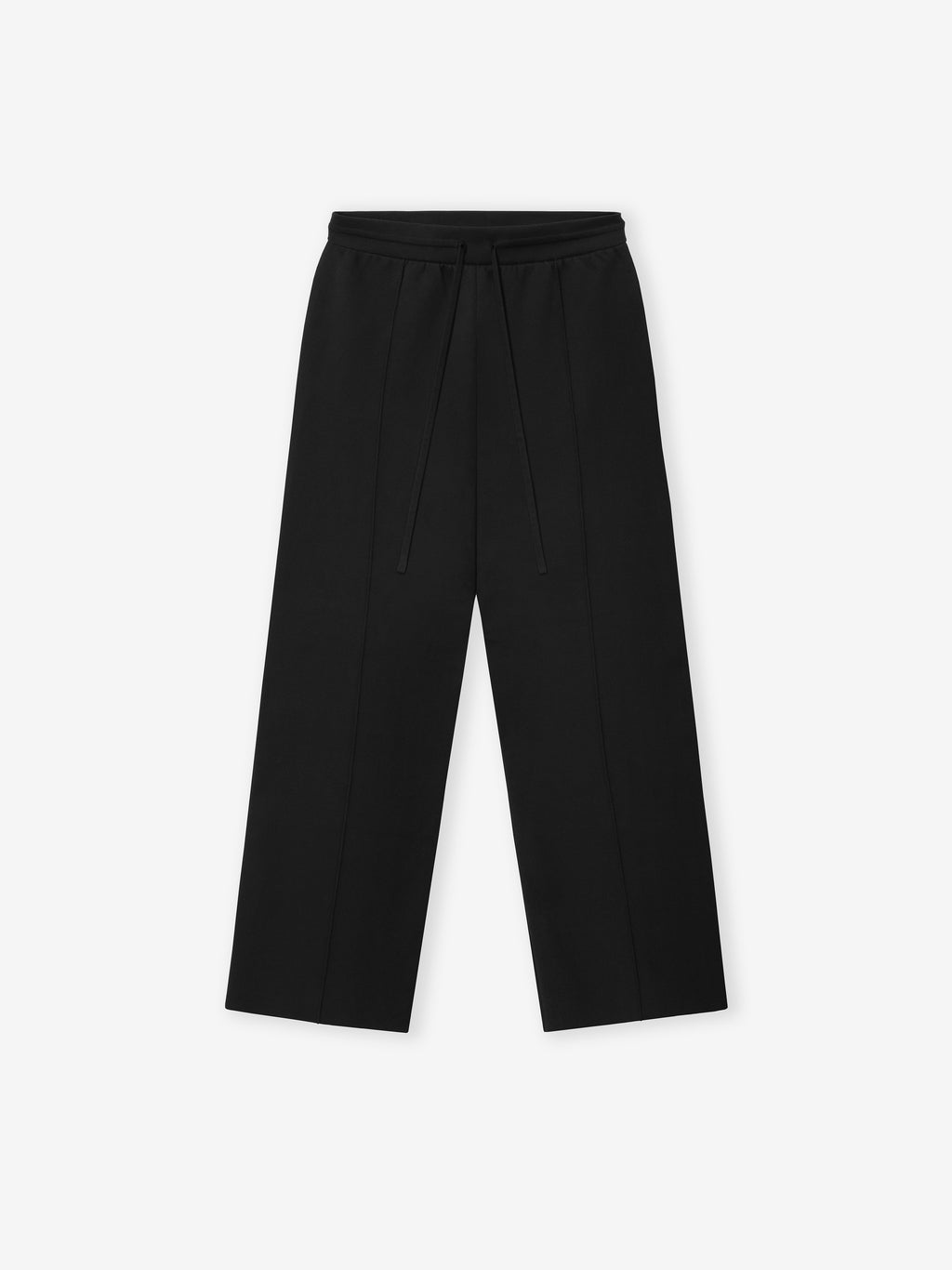 black flared wide-leg double knit jogging pants with incased elastic waistband and drawstring closure