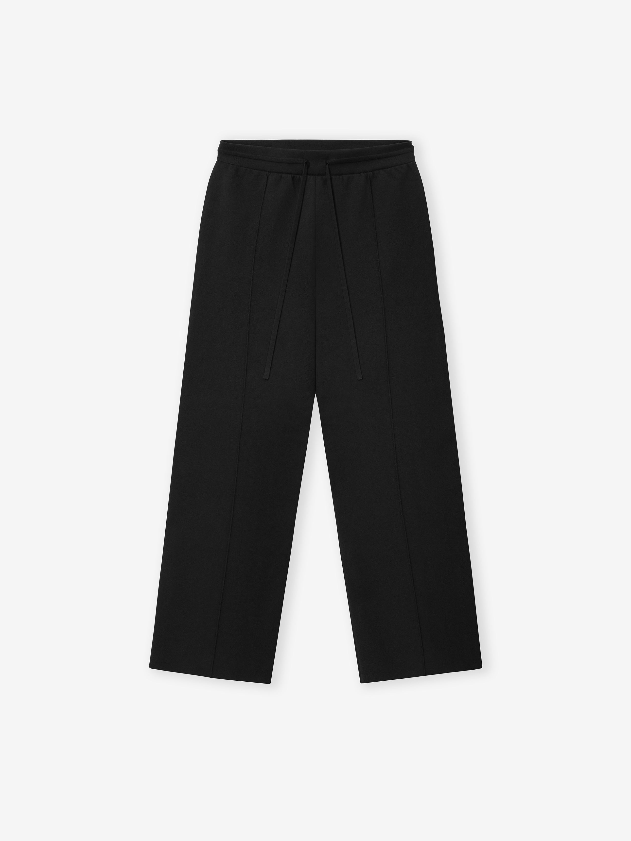 black flared wide-leg double knit jogging pants with incased elastic waistband and drawstring closure