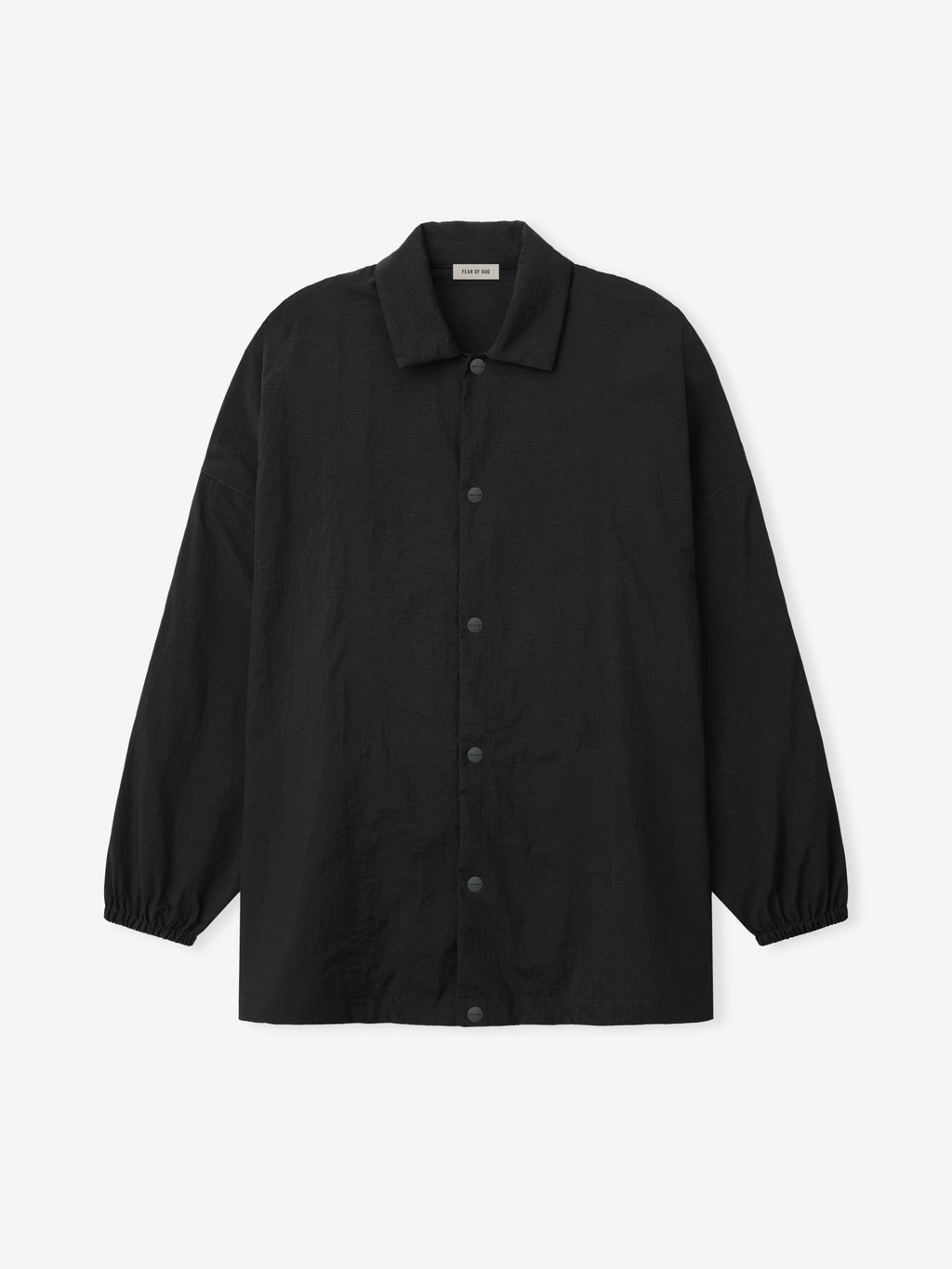 black lightweight recycled nylon ripstop tech windbreaker jacket with metal snap-button closure and elastic cuffs