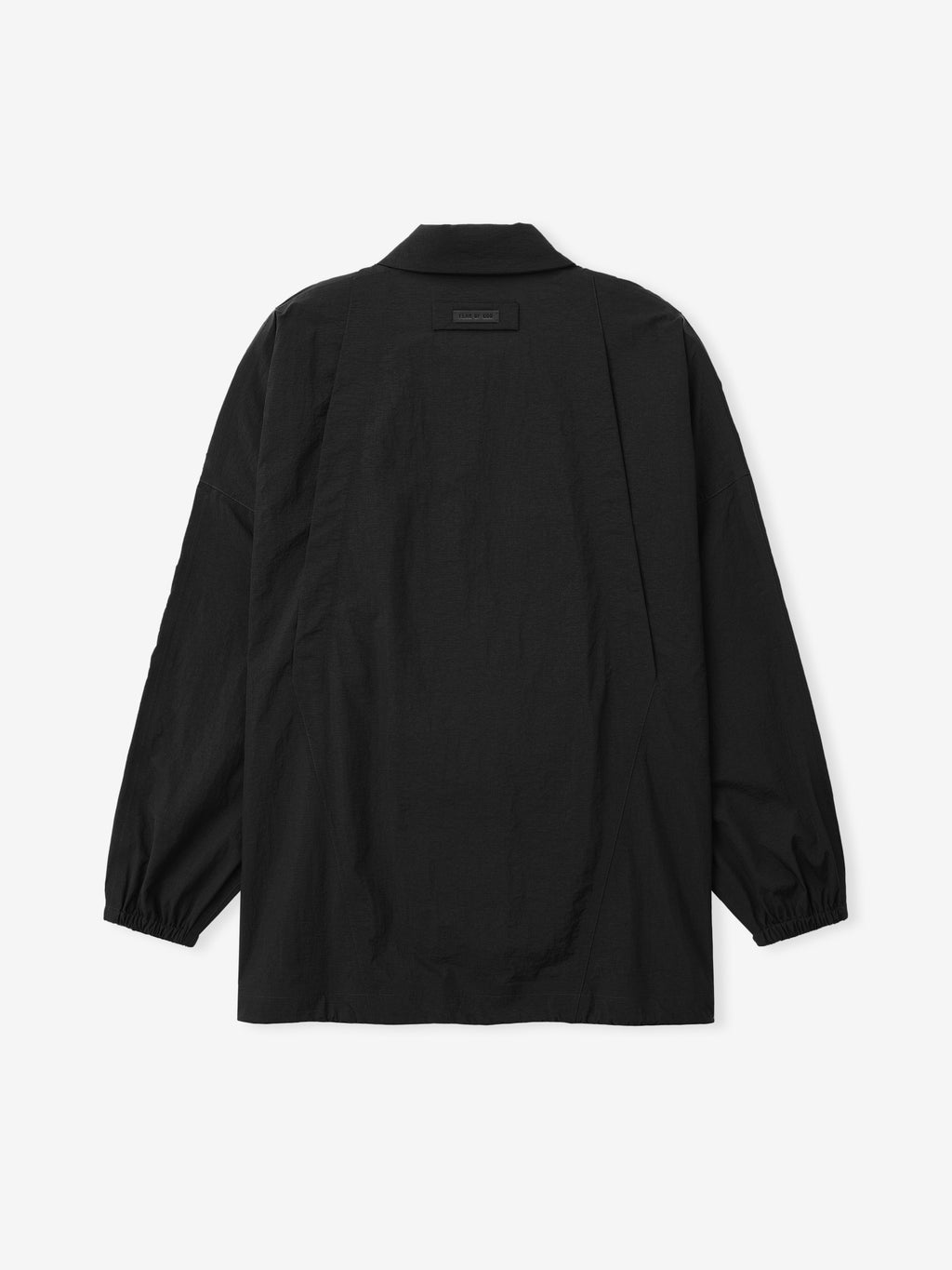 black lightweight nylon ripstop tech windbreaker jacket with long sleeves and elastic cuffs shown from back view