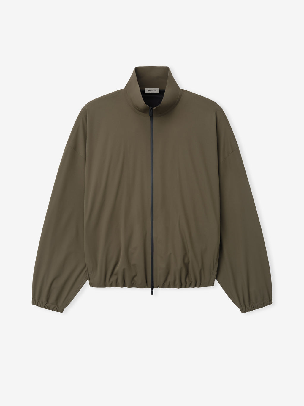 olive green bonded nylon tech track jacket with full front zipper and elasticated hems and cuffs