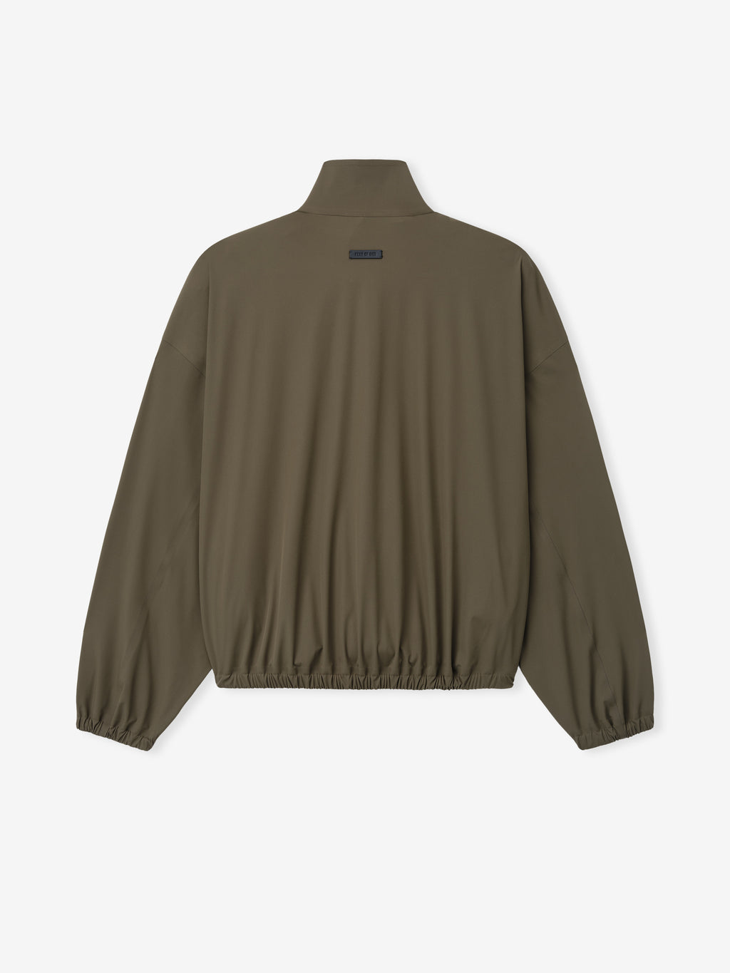 back view of olive bonded nylon microfibre tech track jacket with elasticated cuffs and hem