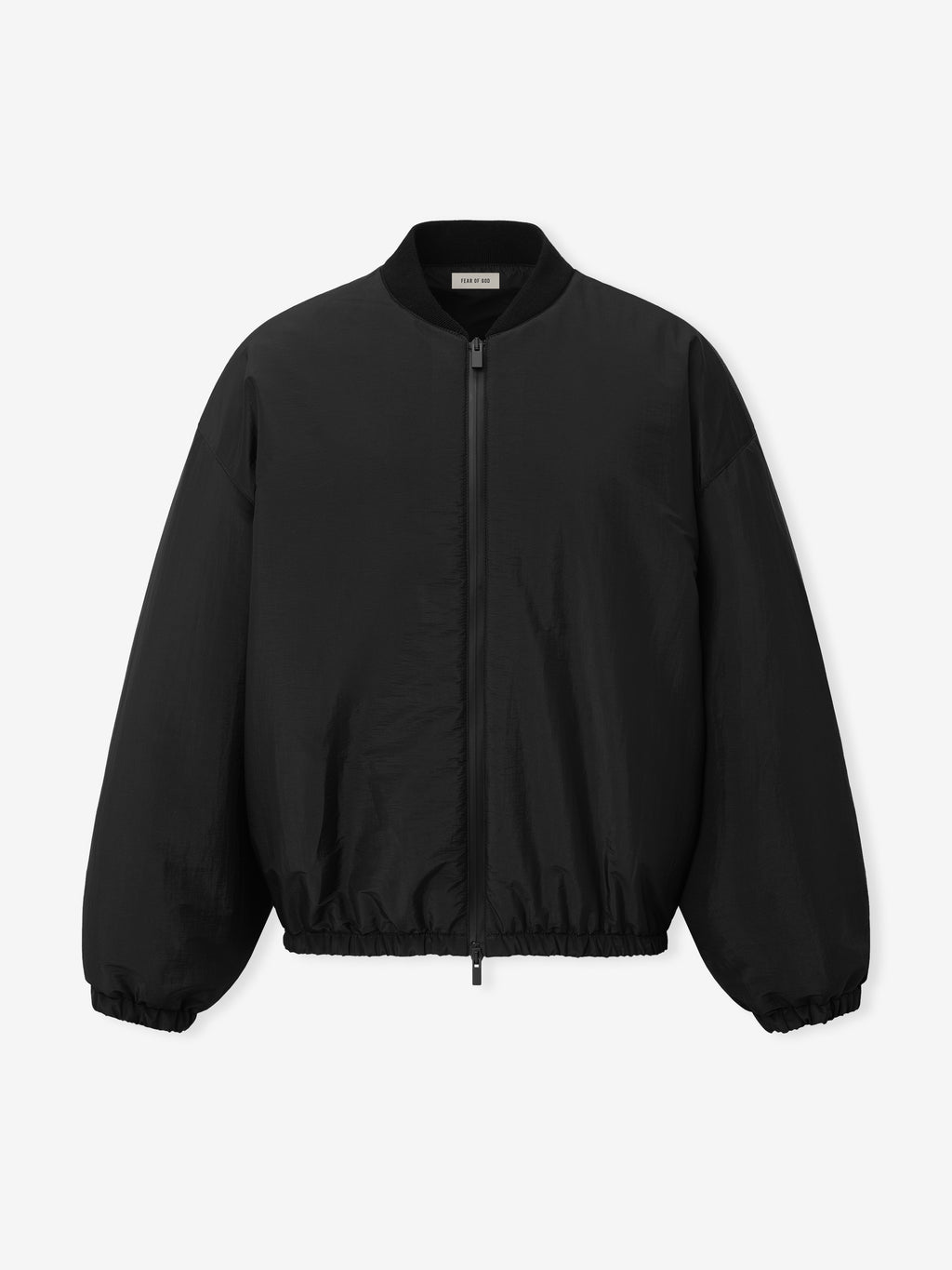 black lightweight nylon taffeta padded bomber jacket with knit collar and elasticated hem and cuffs