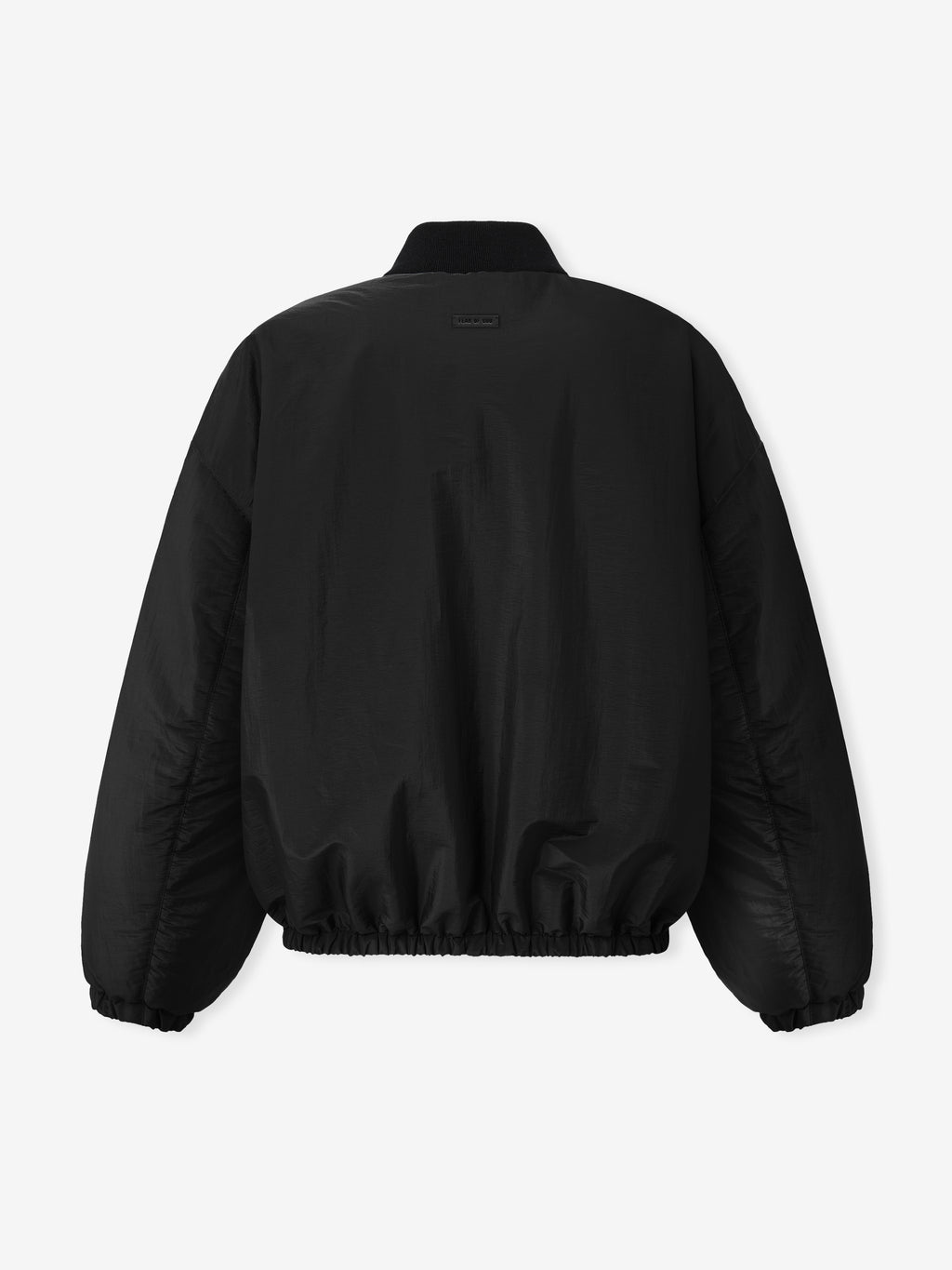 back view of black lightweight nylon taffeta padded bomber jacket with elasticated hem and cuffs