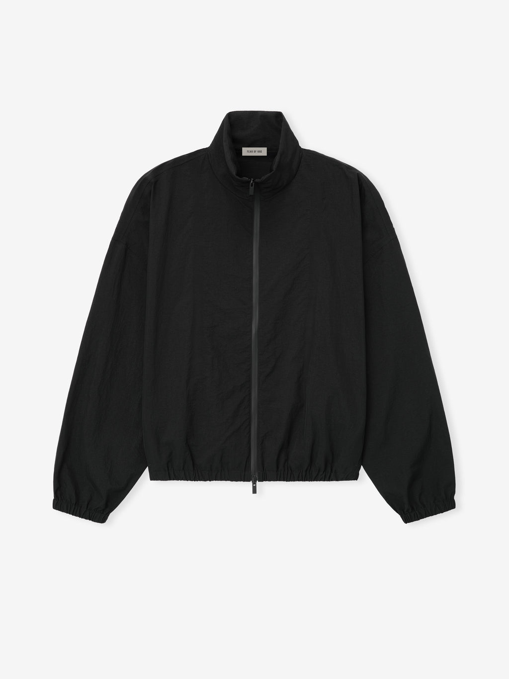 black recycled nylon ripstop tech track jacket with stand-up collar, full zip, elasticated cuffs, and waist hem