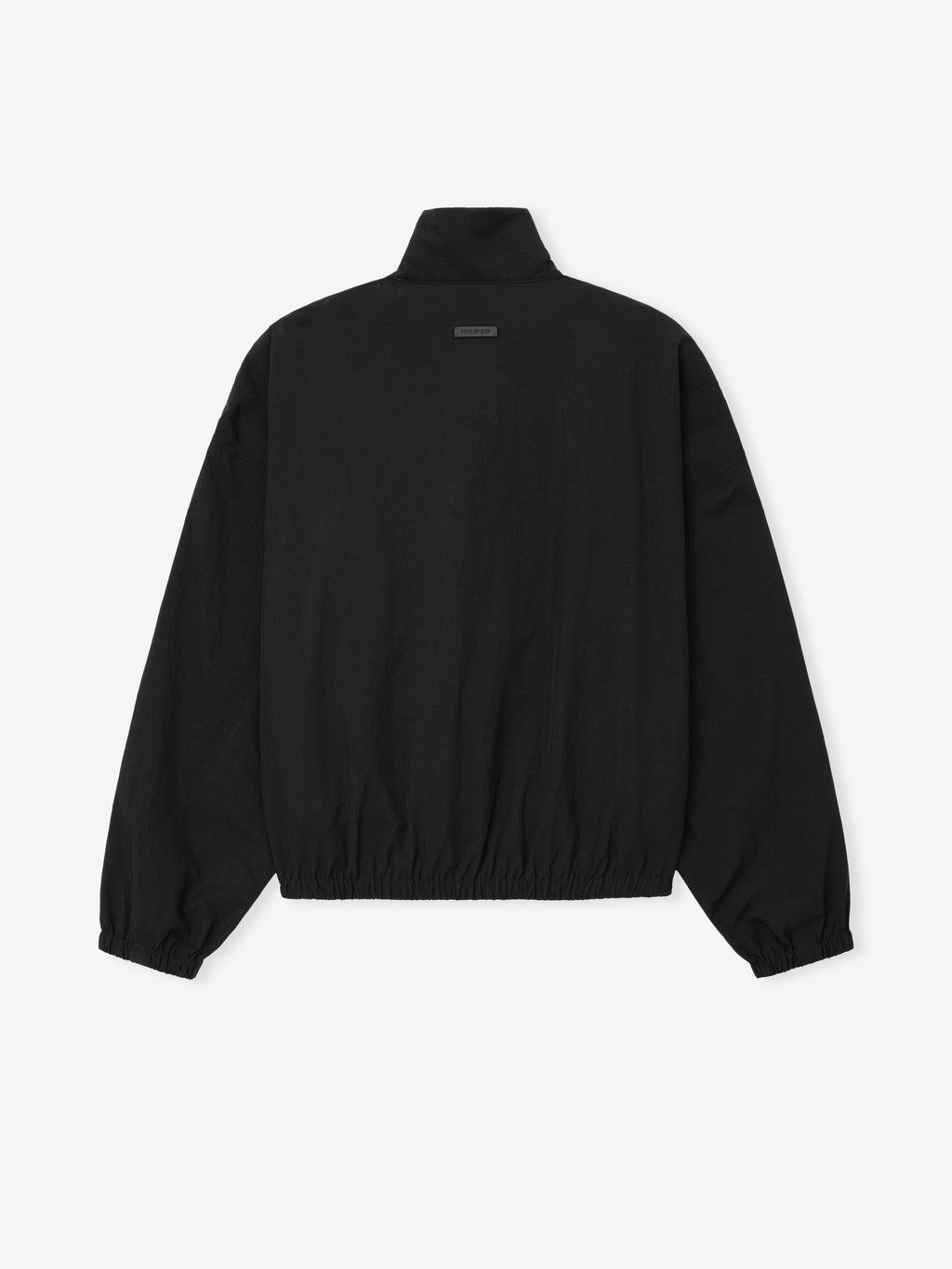back view of black lightweight recycled nylon ripstop tech track jacket with stand-up collar and elasticated cuffs and hem