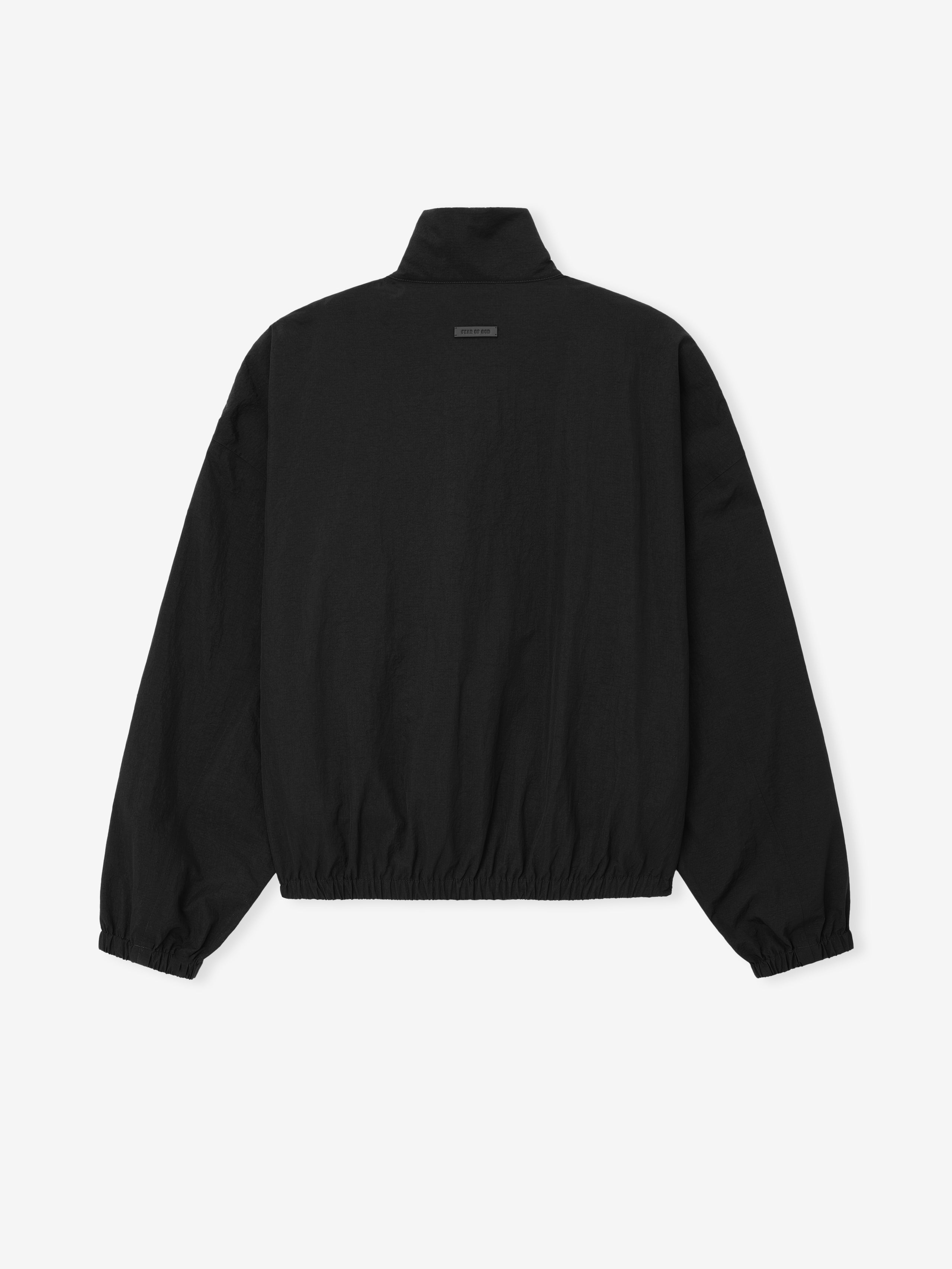 back view of black lightweight recycled nylon ripstop tech track jacket with stand-up collar and elasticated cuffs and hem