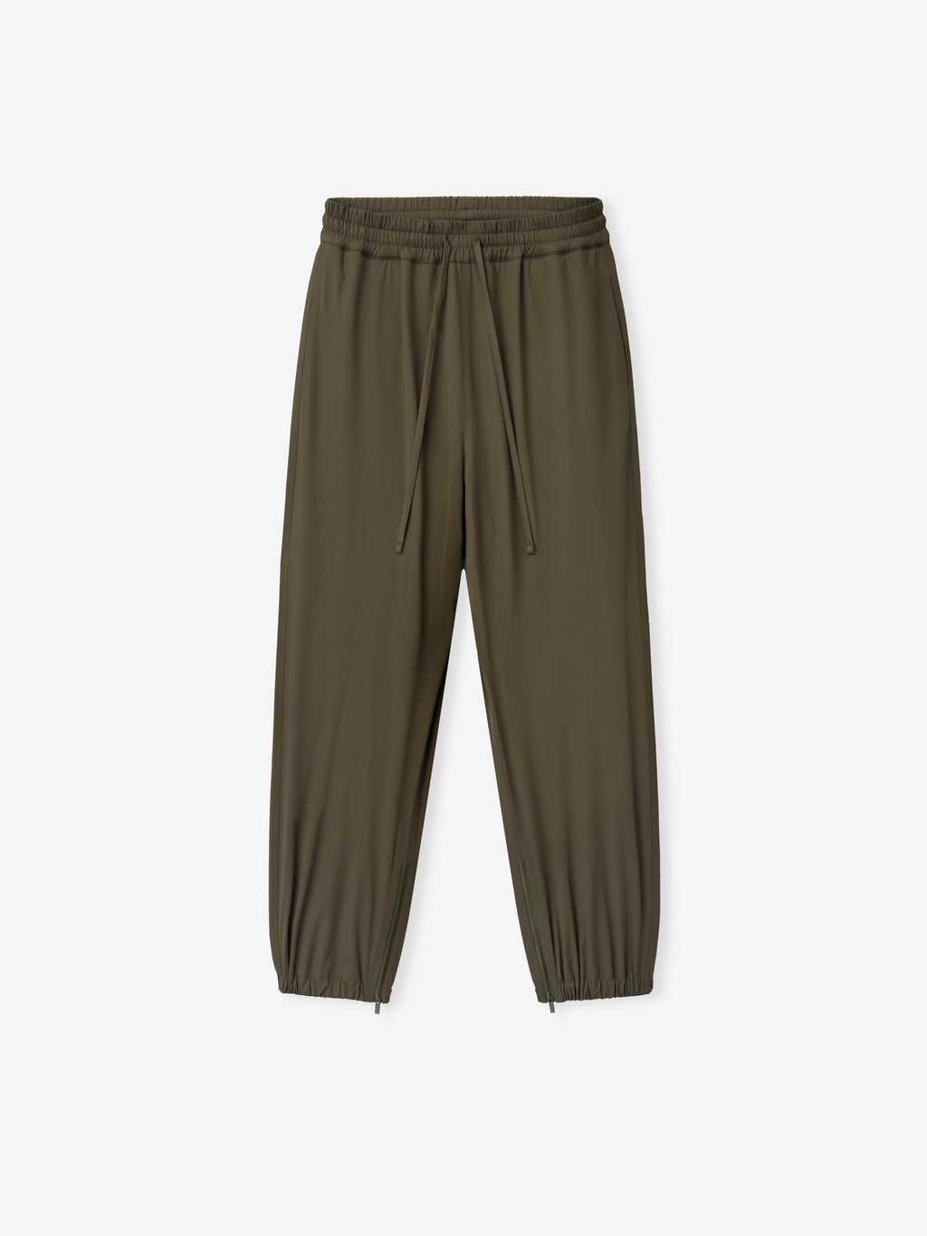 Flat lay of olive green jogger pants with elastic waistband, drawstrings, and cinched cuffs on a white background