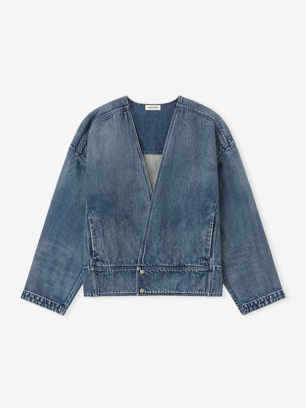 men's classic blue indigo lapelless denim jacket with curved sleeves and unlined strong shoulder construction