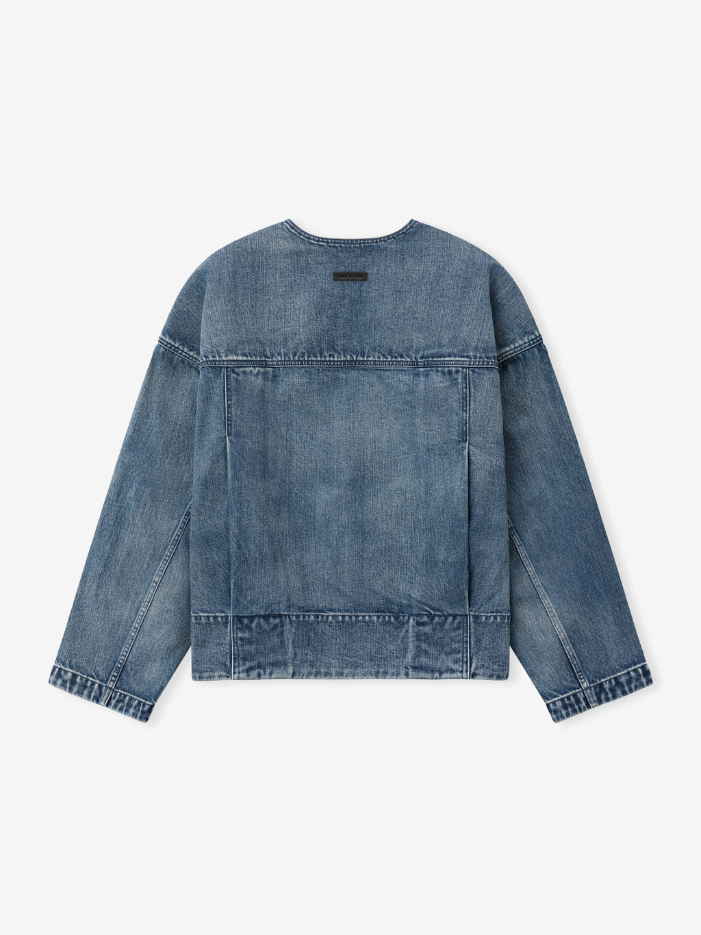 back view of men's blue indigo lapelless denim jacket with seasonless weight fabric and clean seam detailing