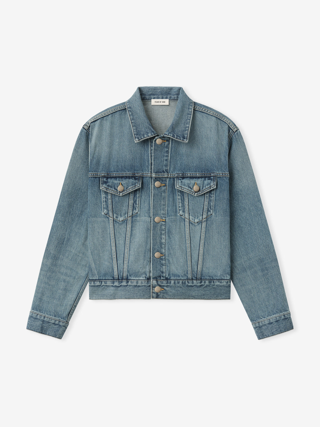 men's classic trucker jacket in medium indigo washed denim with chest flap pockets and metal button front closure
