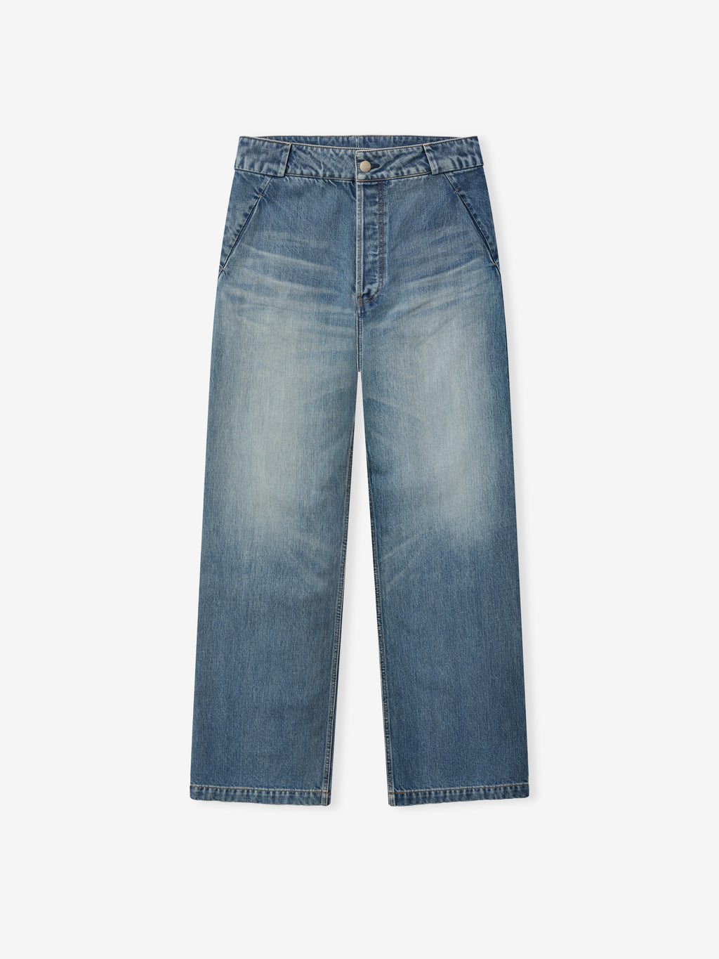 front view of relaxed fit medium vintage wash denim utility pants with baseball belt loops and side seam pockets