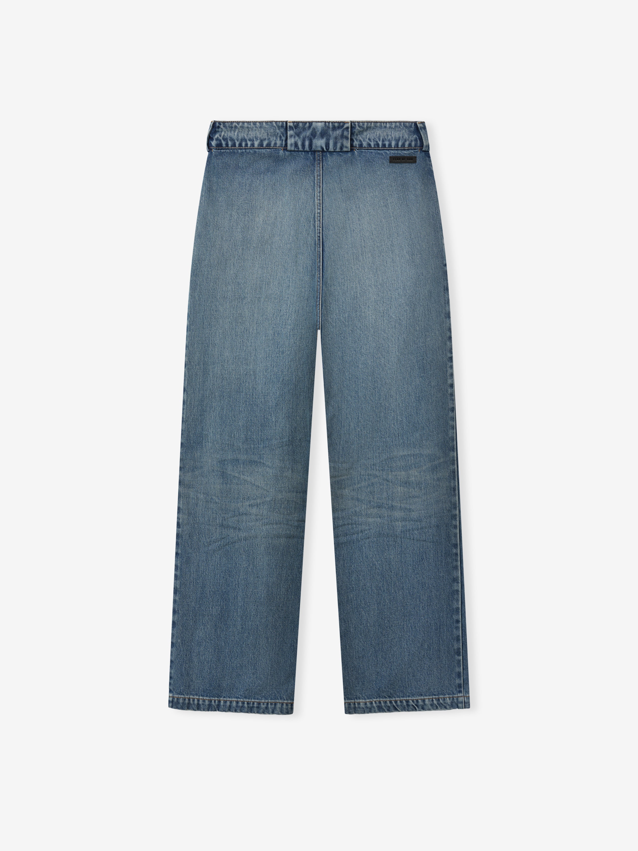 rear view of medium vintage wash relaxed fit denim utility pants with wide legs and subtle fading details