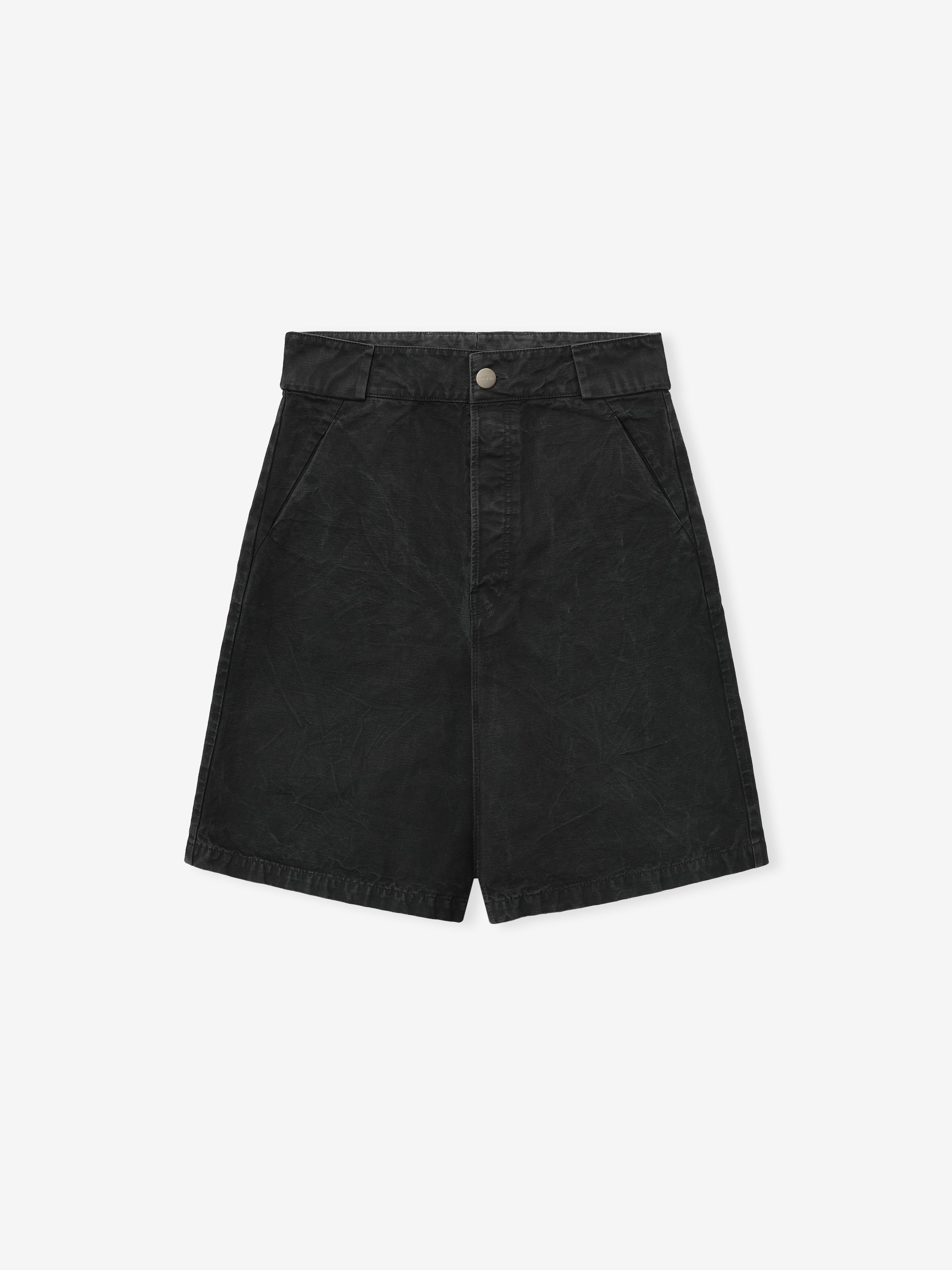black washed cotton canvas utility shorts with relaxed fit and side seam pockets laid flat on white background