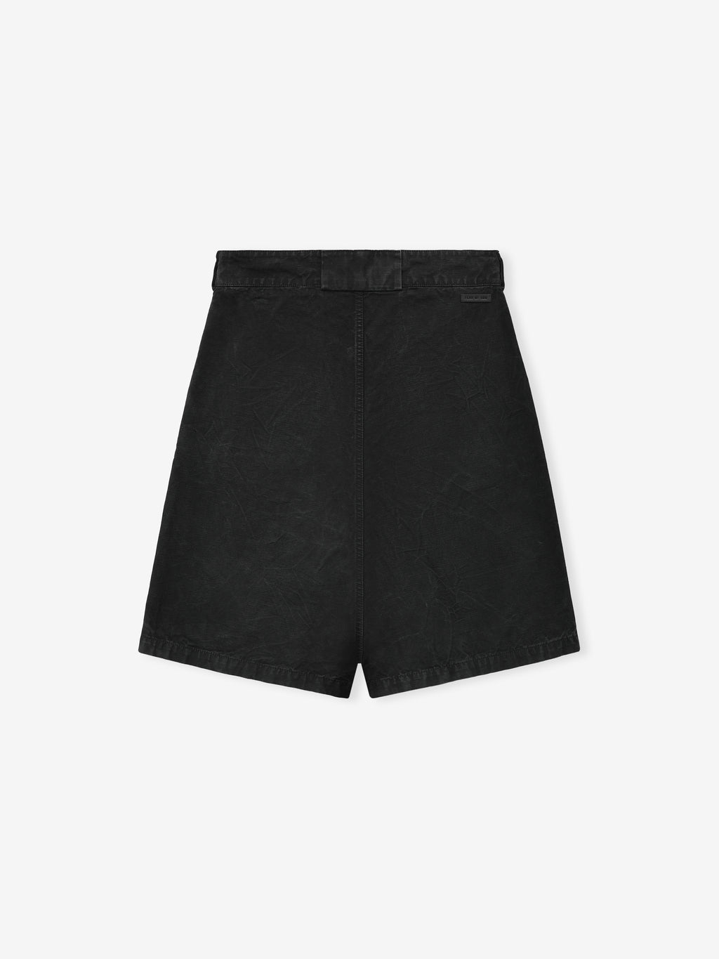 back view of black washed cotton canvas utility shorts with relaxed fit and waistband back pockets