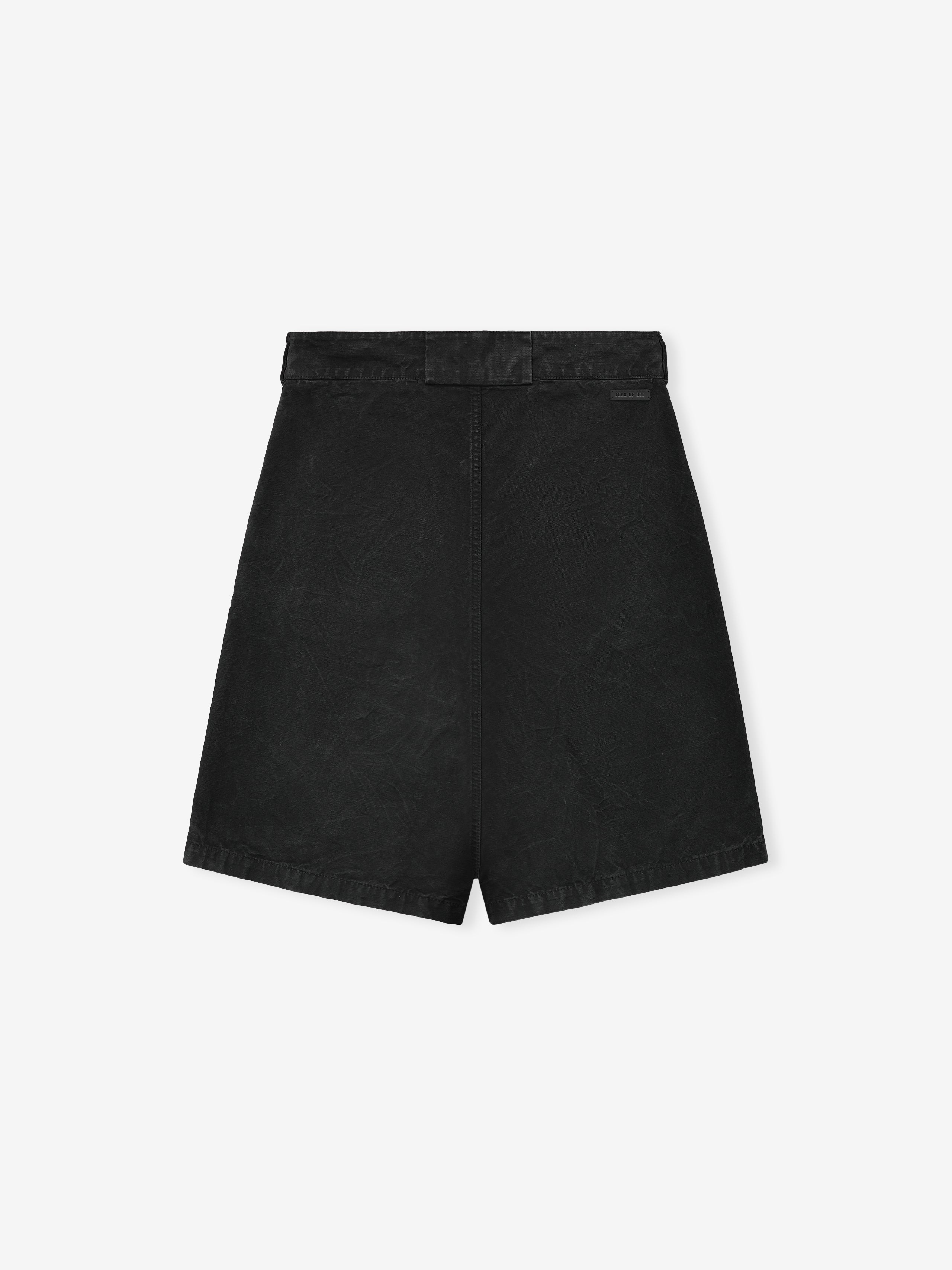 back view of black washed cotton canvas utility shorts with relaxed fit and waistband back pockets