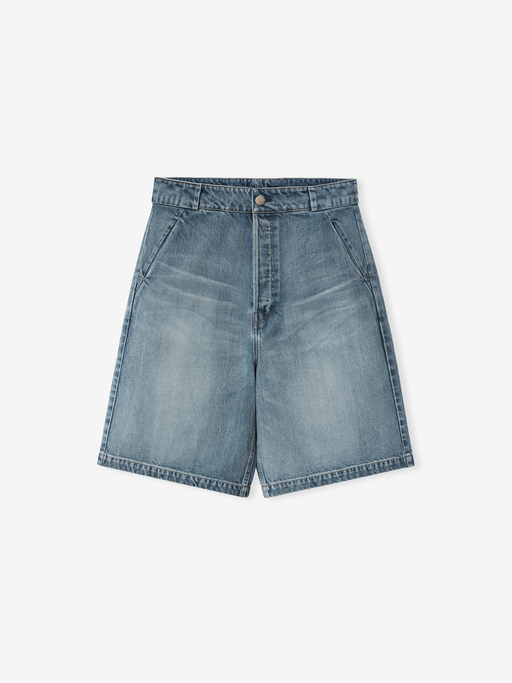 blue indigo denim utility shorts with relaxed fit, front pockets, button closure, and subtle faded detailing