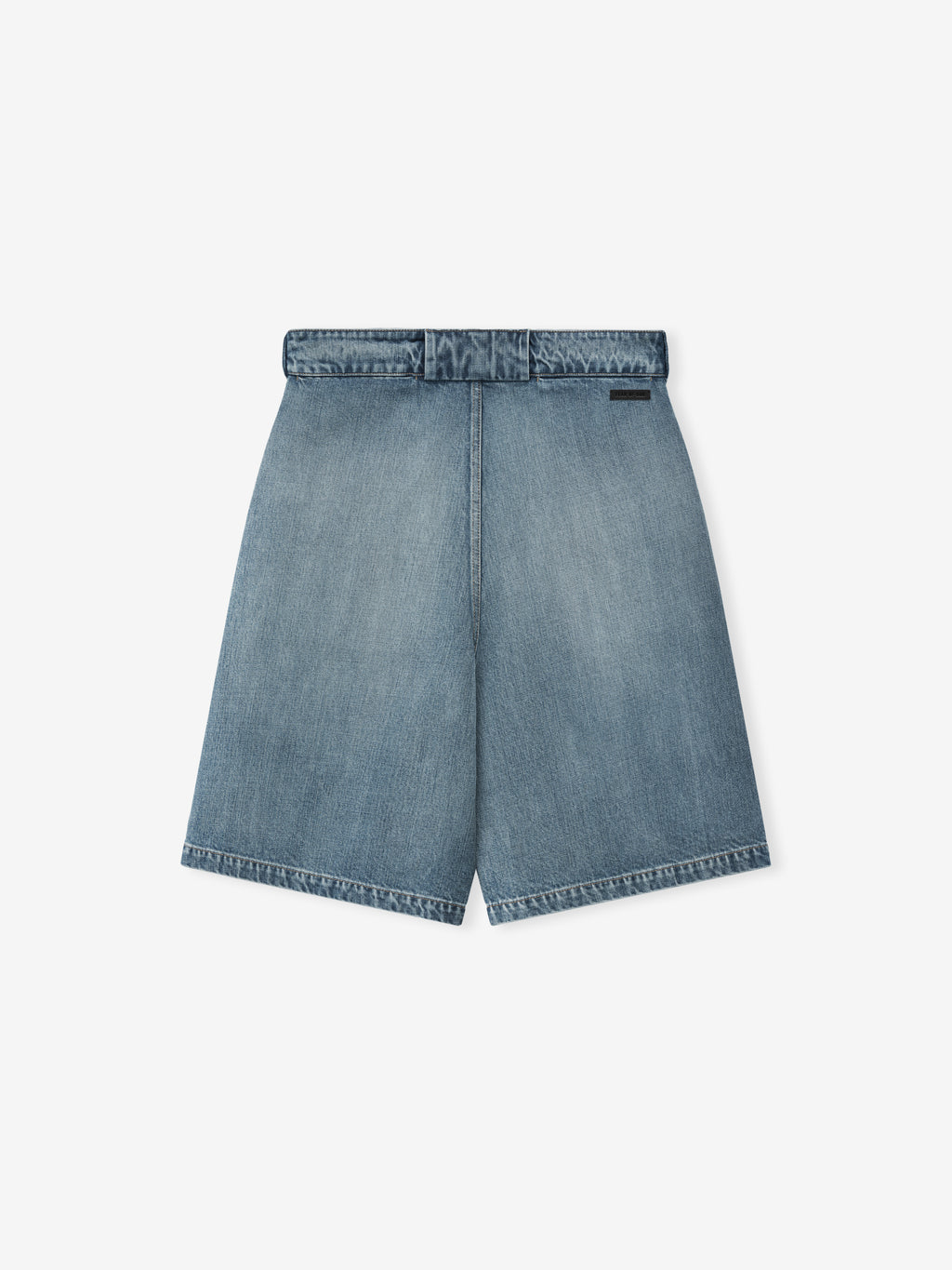 back view of classic blue indigo denim utility shorts with relaxed fit and visible belt loops