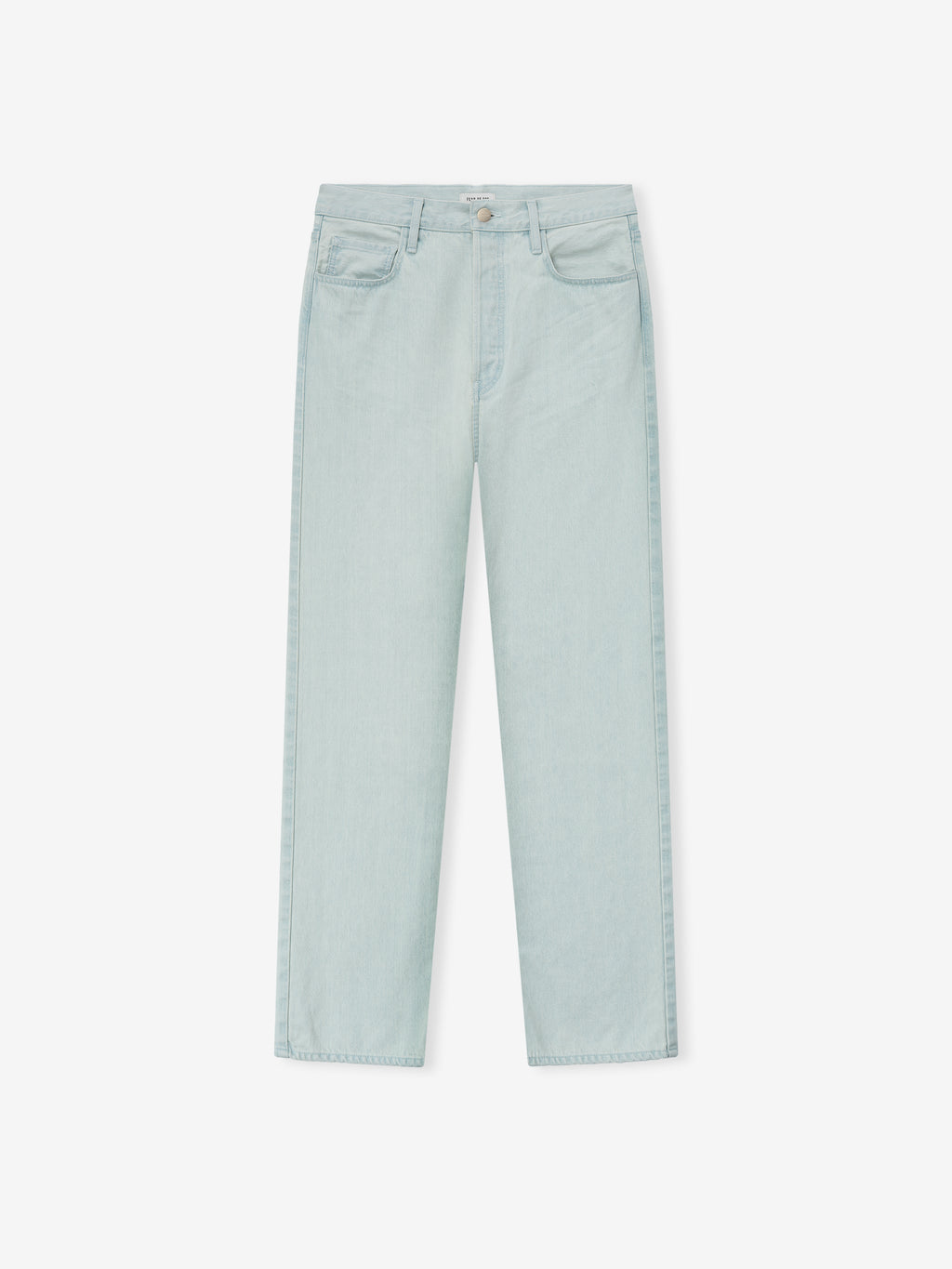 bleach washed straight-leg denim jeans with five pockets and antique metal hardware laid flat on white background