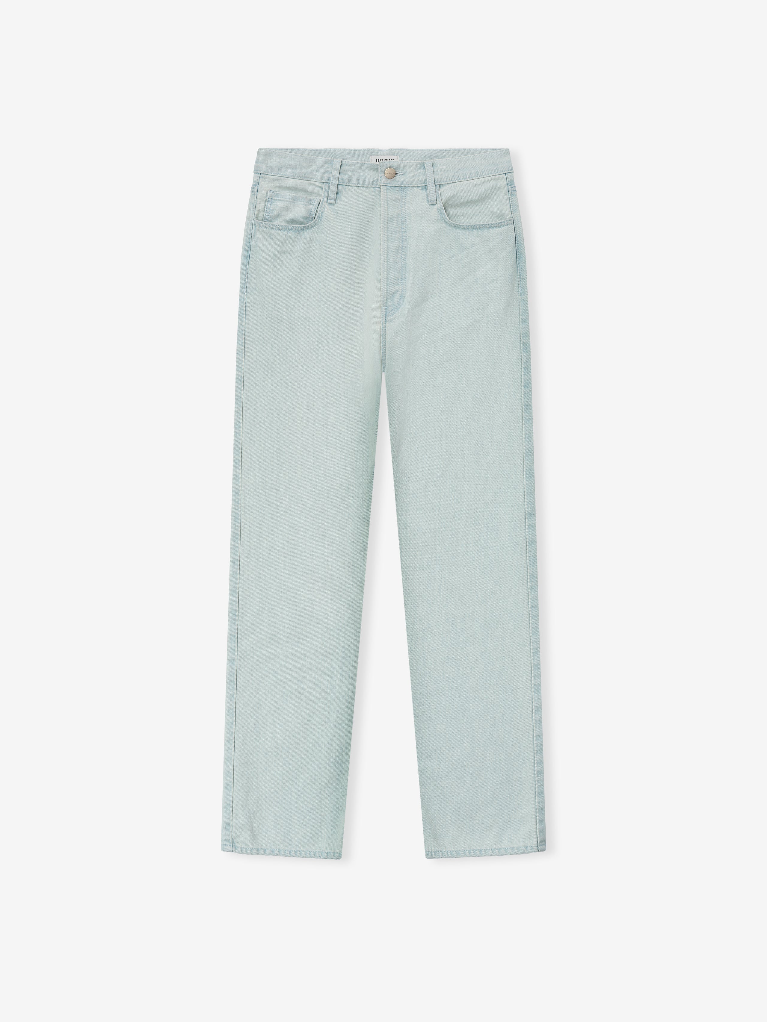 bleach washed straight-leg denim jeans with five pockets and antique metal hardware laid flat on white background