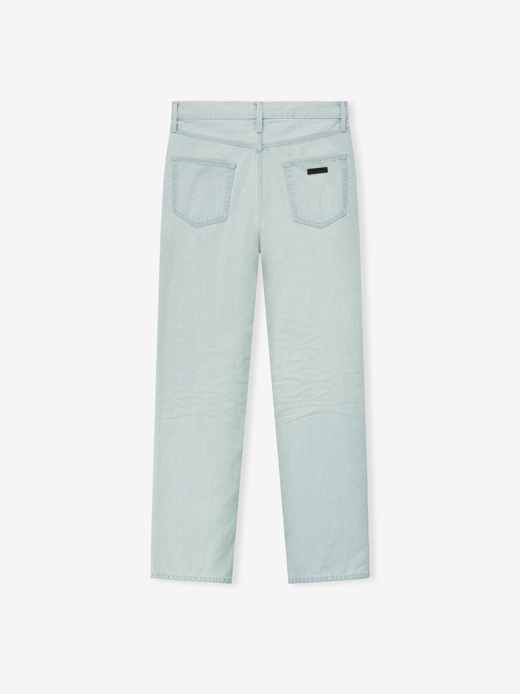 back view of light bleached denim straight-leg jeans with two patch pockets and black leather label