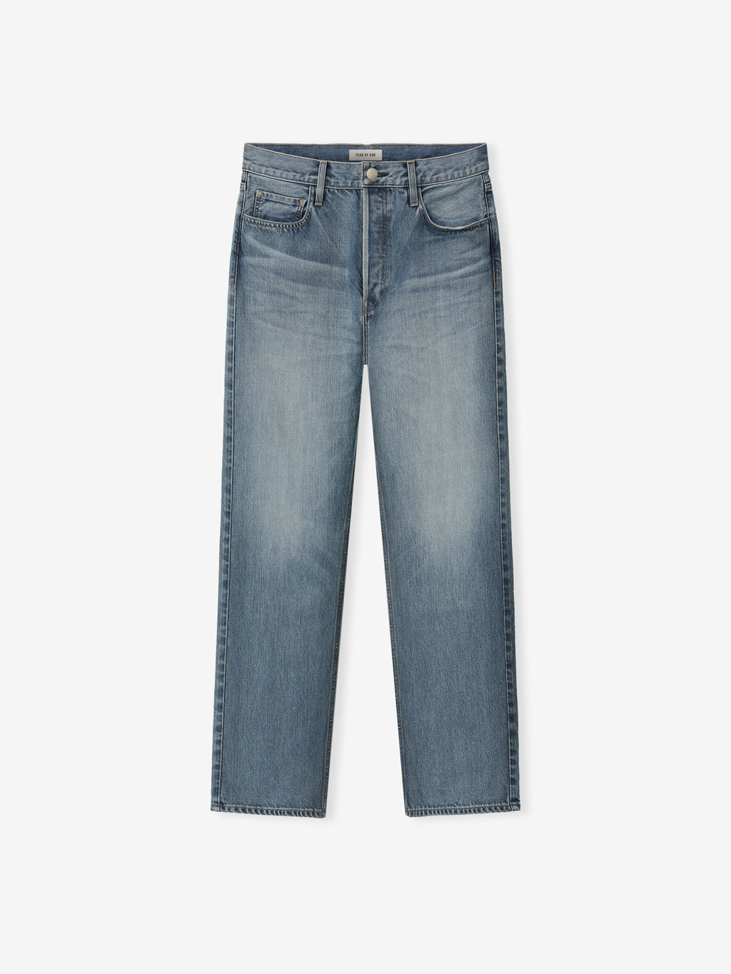 classic blue indigo straight-leg jeans with relaxed fit, five-pocket design, and button closure laid flat on white background