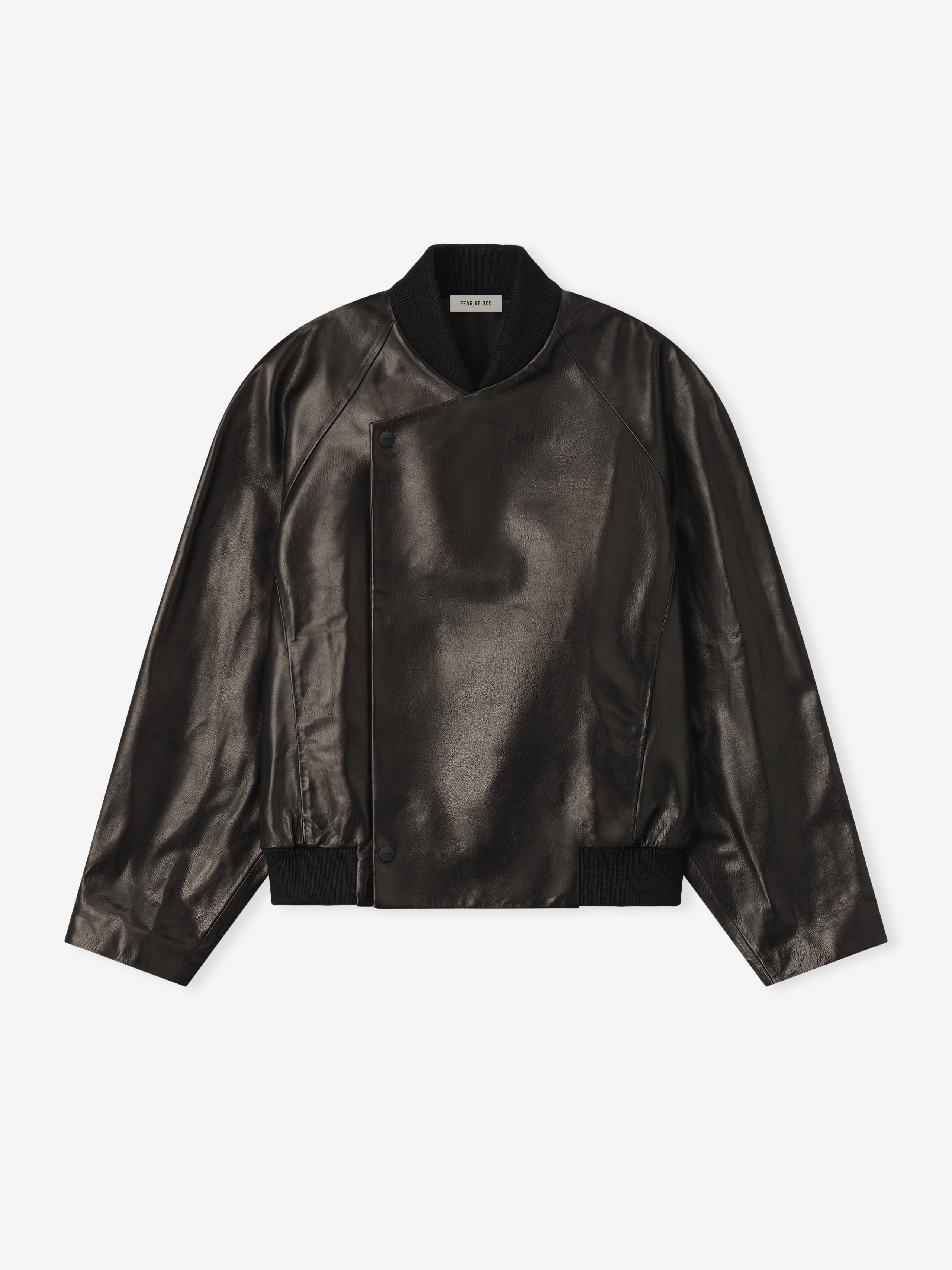 black full grain calfskin raglan bomber jacket with snap button front and rib knit collar and cuffs