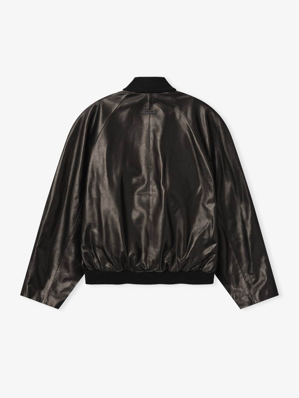 back view of black full grain calfskin raglan bomber jacket with elasticized hem and rib knit collar and cuffs
