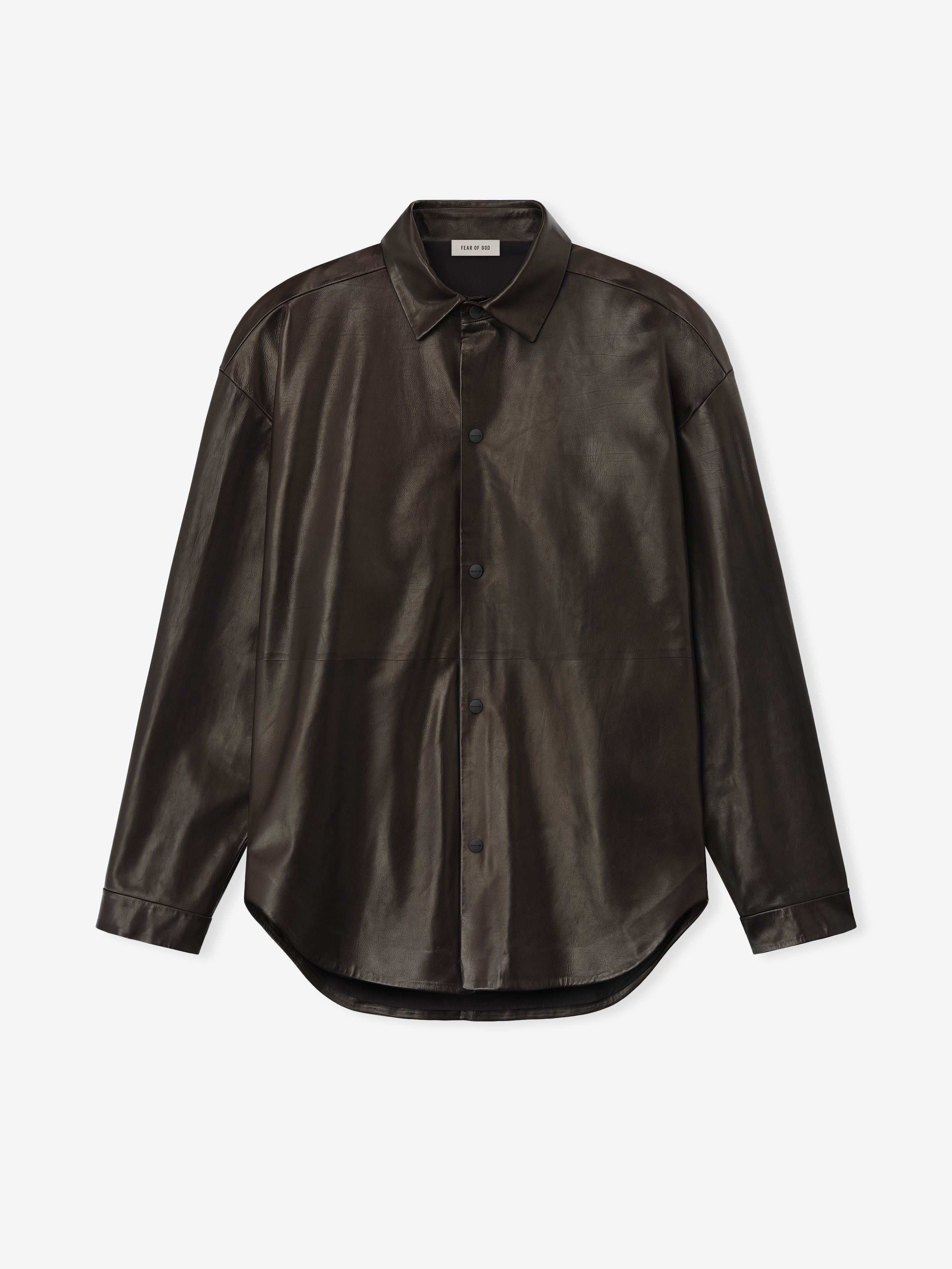 front view of dark full grain calfskin relaxed fit shirt with snap button closure and pointed collar