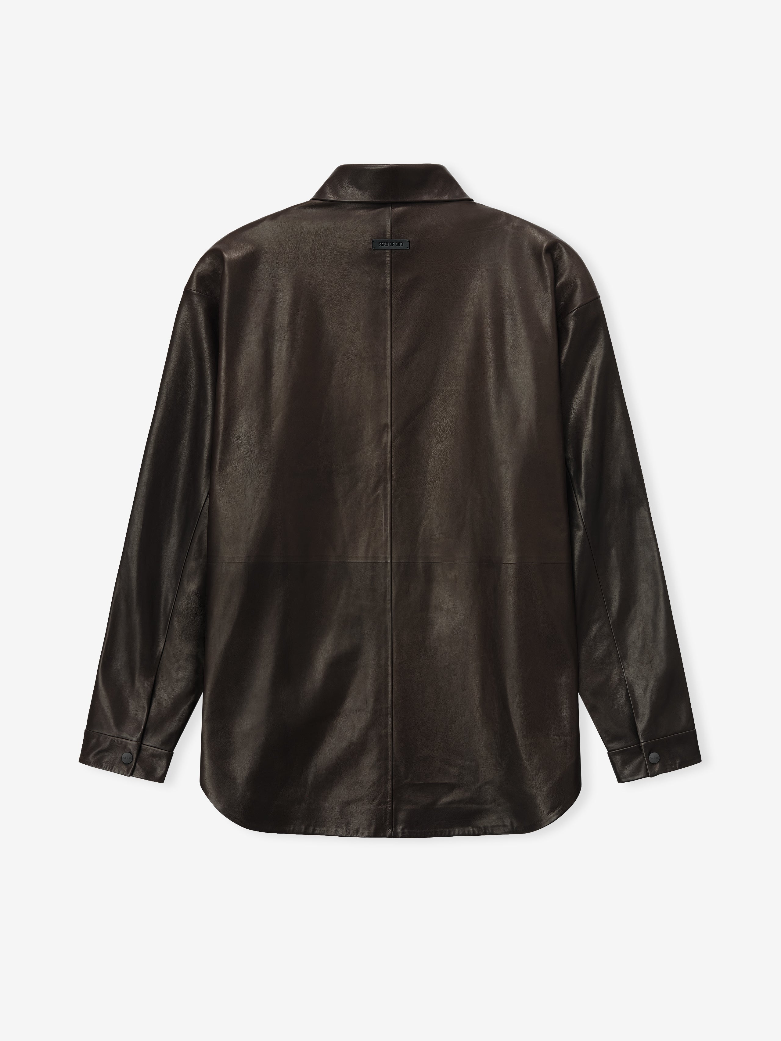 back view of dark full grain calfskin relaxed fit shirt with snap button cuffs and curved hem