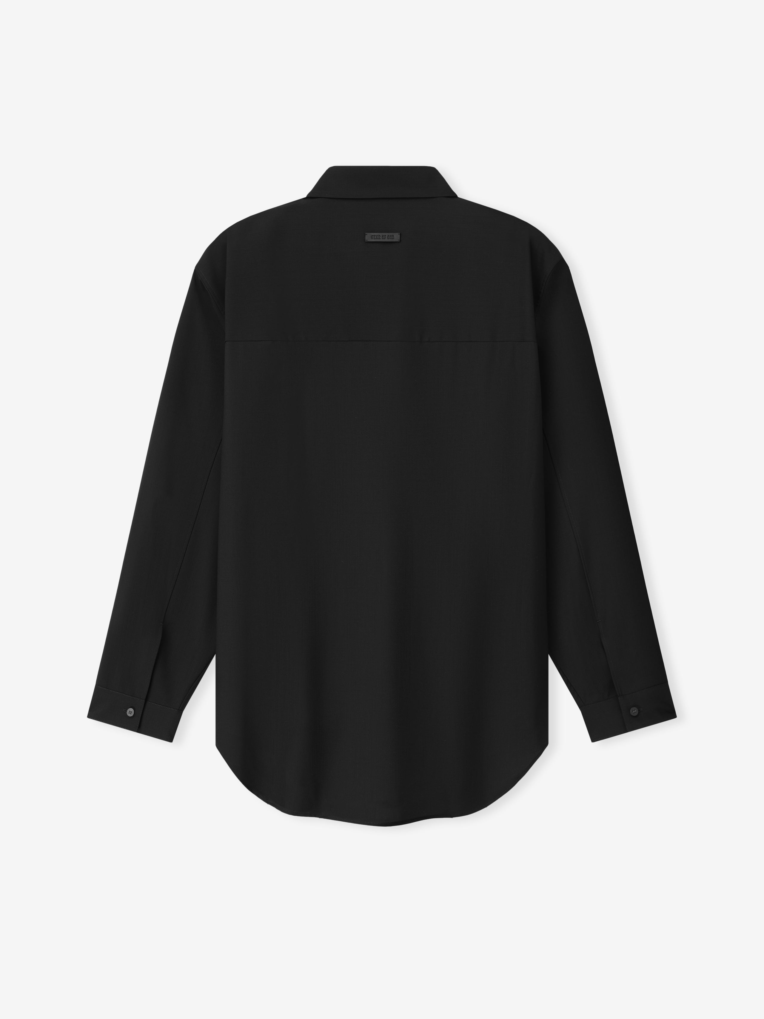 Back view of a black long-sleeve shirt with buttoned cuffs and a straight yoke across the shoulders
