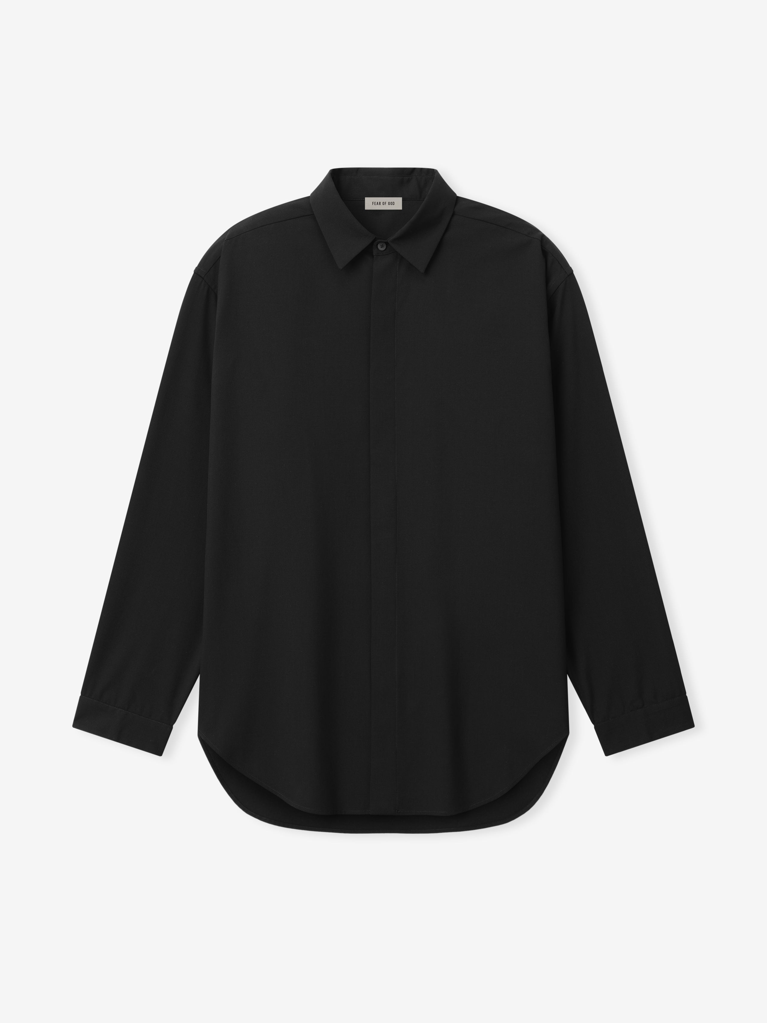 front view of black cotton wool oxford classic shirt with covered button placket and small cuffs