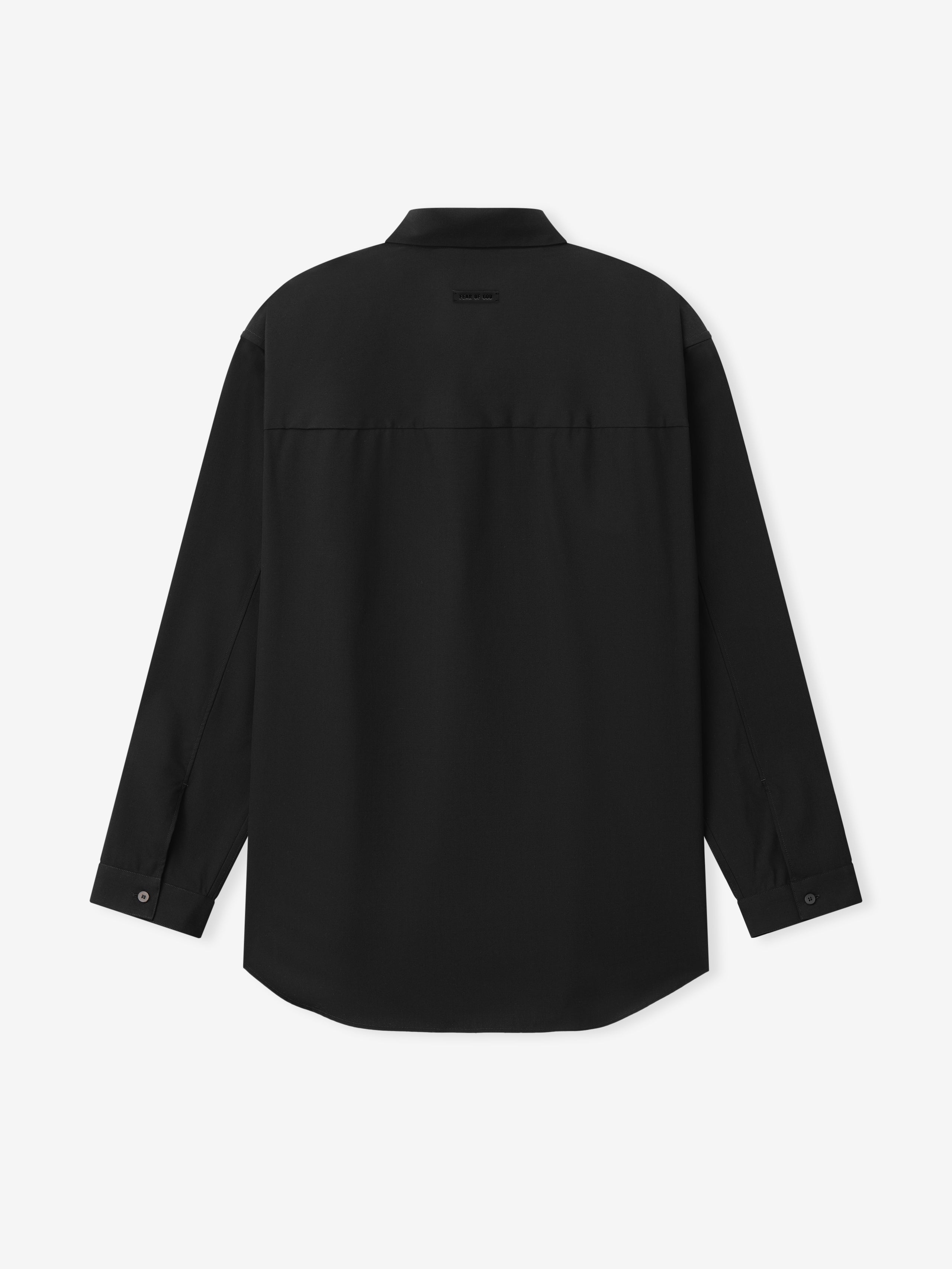back view of black cotton wool oxford classic shirt with long sleeves and small buttoned cuffs